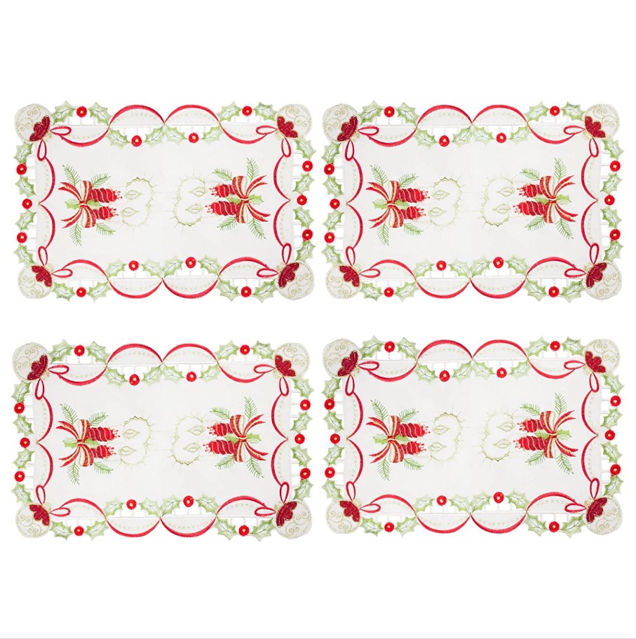 SET OF 4 HOLIDAY DECORATIVE CHRISTMAS EMBROIDERY FABRIC PLACEMAT, 11"x17" - Picture 13 of 15