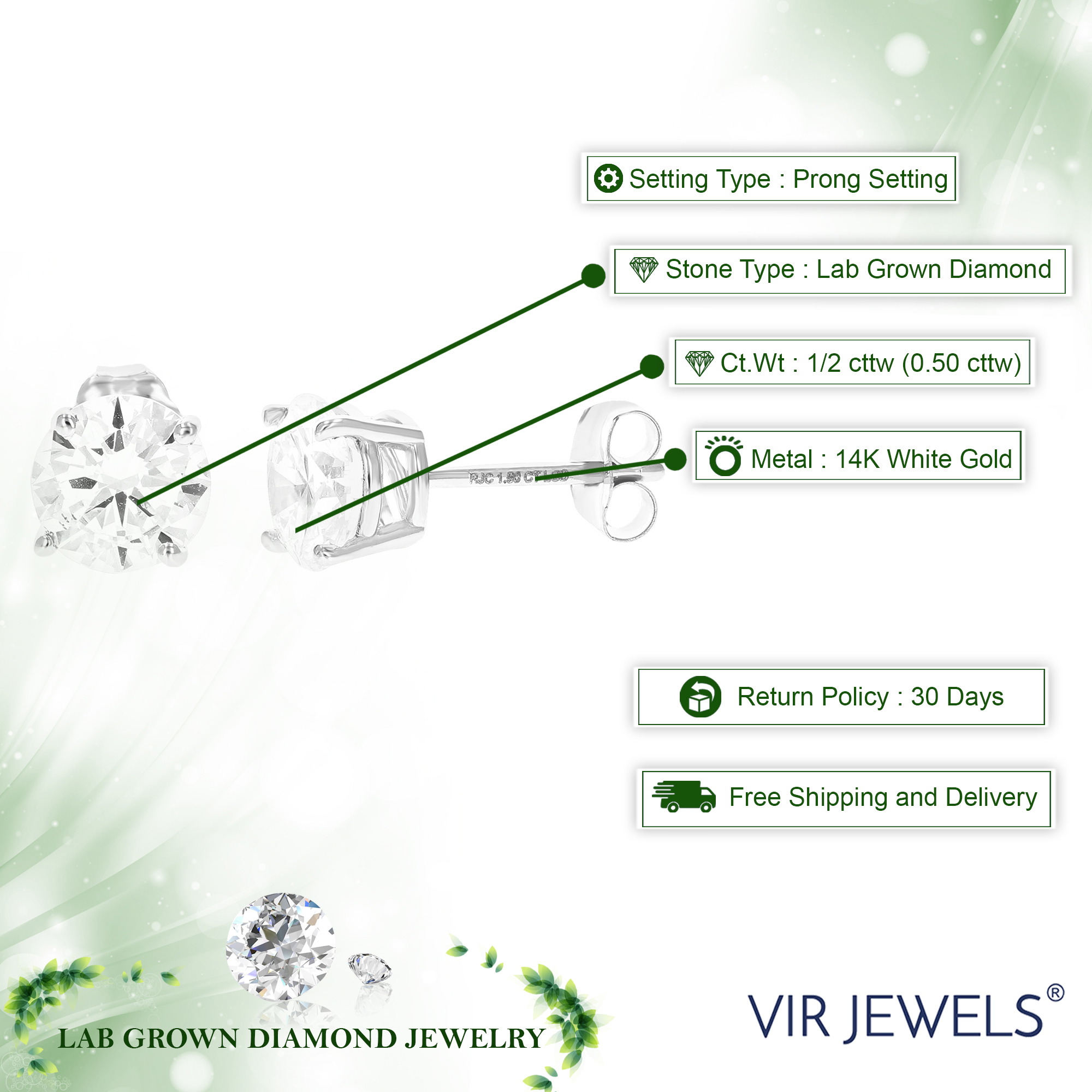 Lab Created Diamond Stud Earrings 14K White or Yellow Gold Round VS1 Clarity 4 - Picture 8 of 12