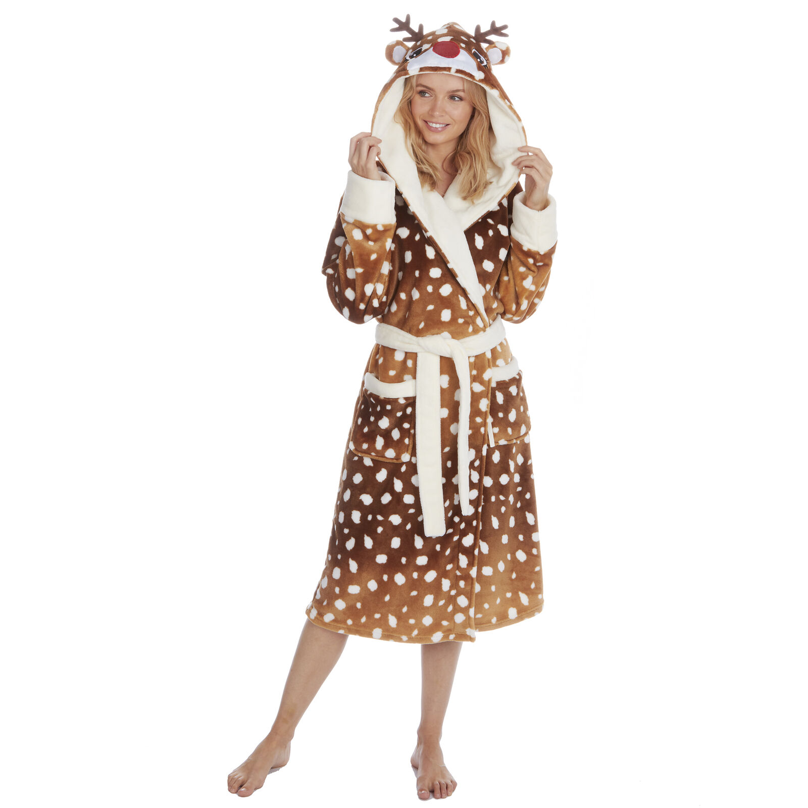 Ladies Novelty Dressing Gown Soft Hooded Christmas Fleece Robe Forever