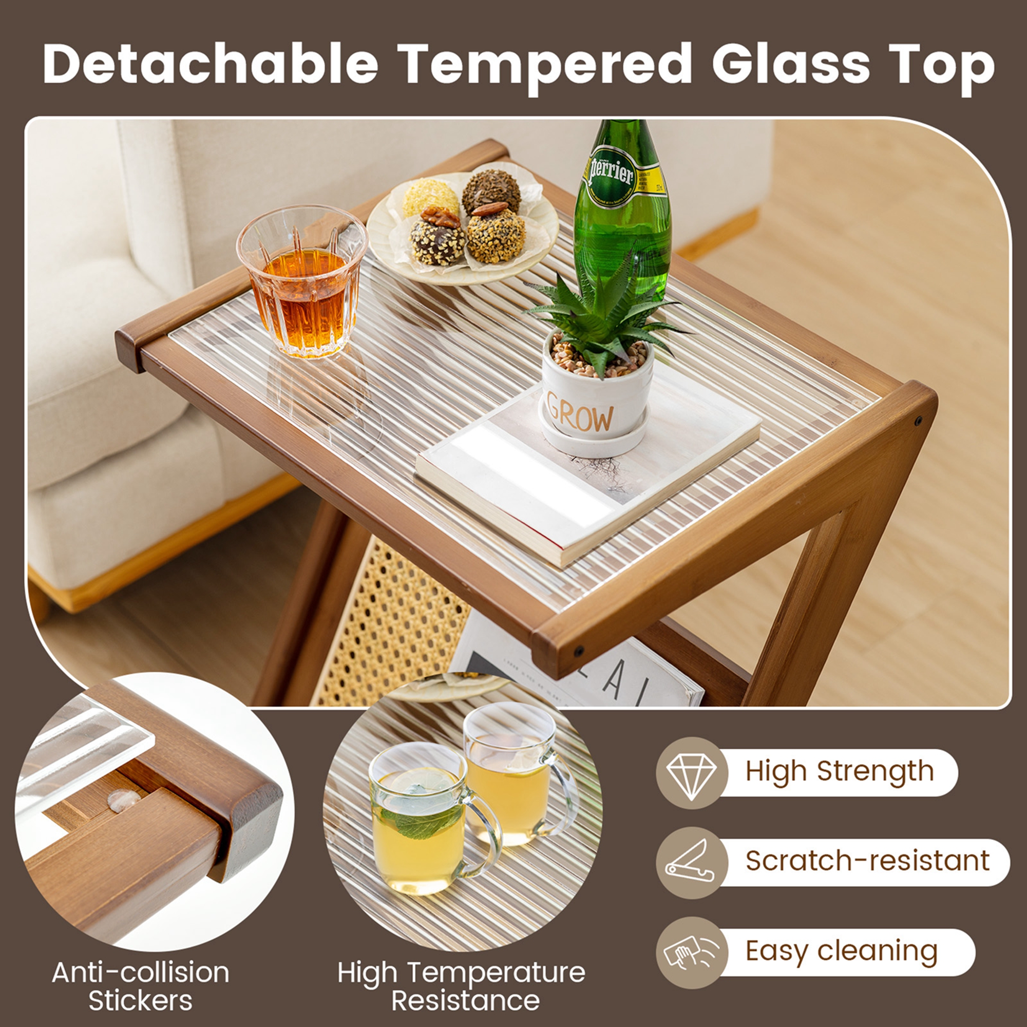 Costway Bamboo Side Table Tempered Glass Top Nightstand Bedside Table Sofa End Table~6085650653060 02c Mp - View #8