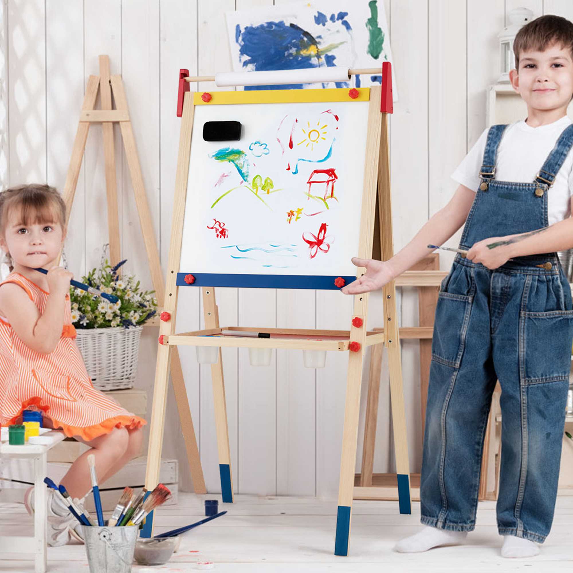 Costway All-in-One Wooden Kid's Art Easel Height Adjustable Paper Roll - Picture 3 of 10