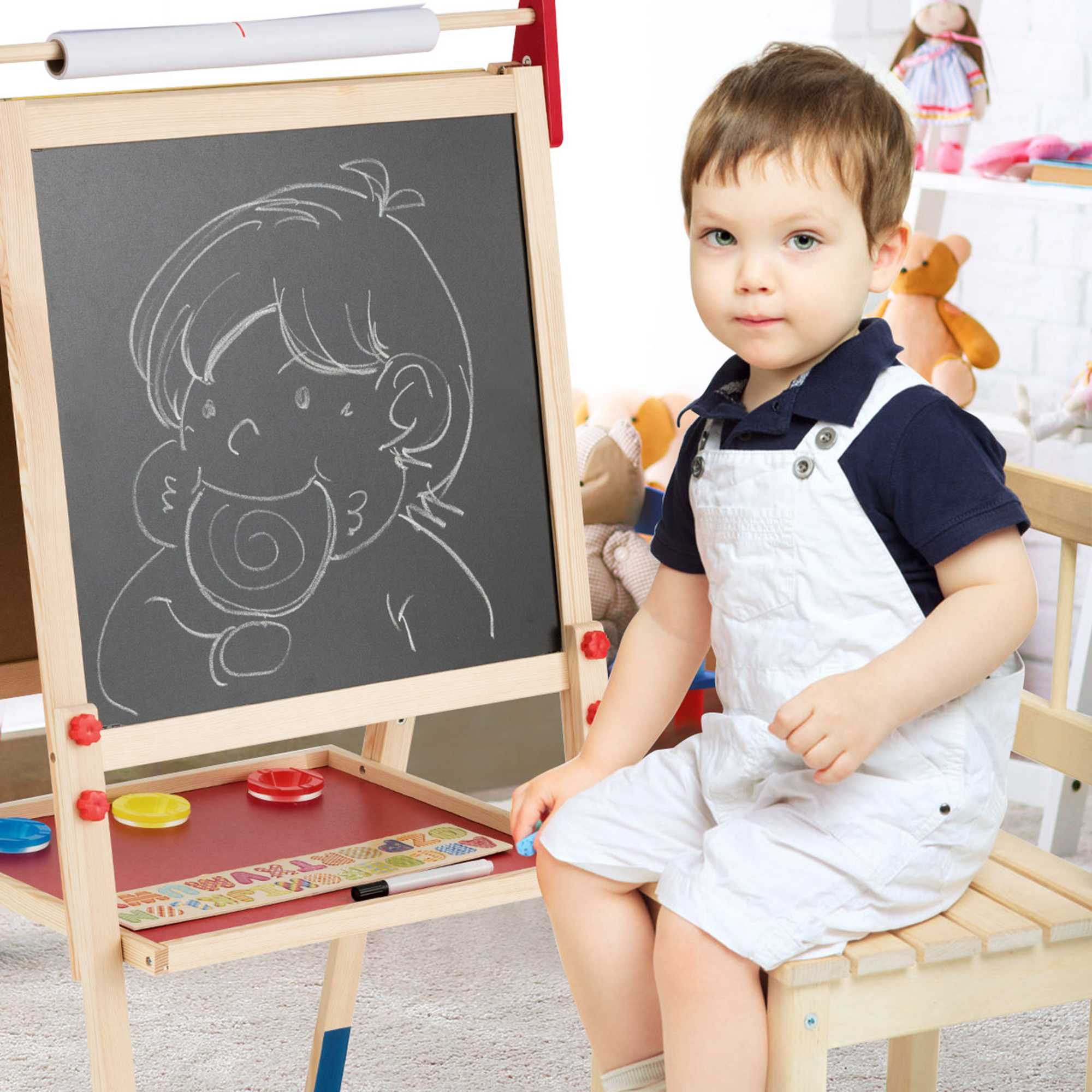 Costway All-in-One Wooden Kid's Art Easel Height Adjustable Paper Roll - Picture 4 of 10