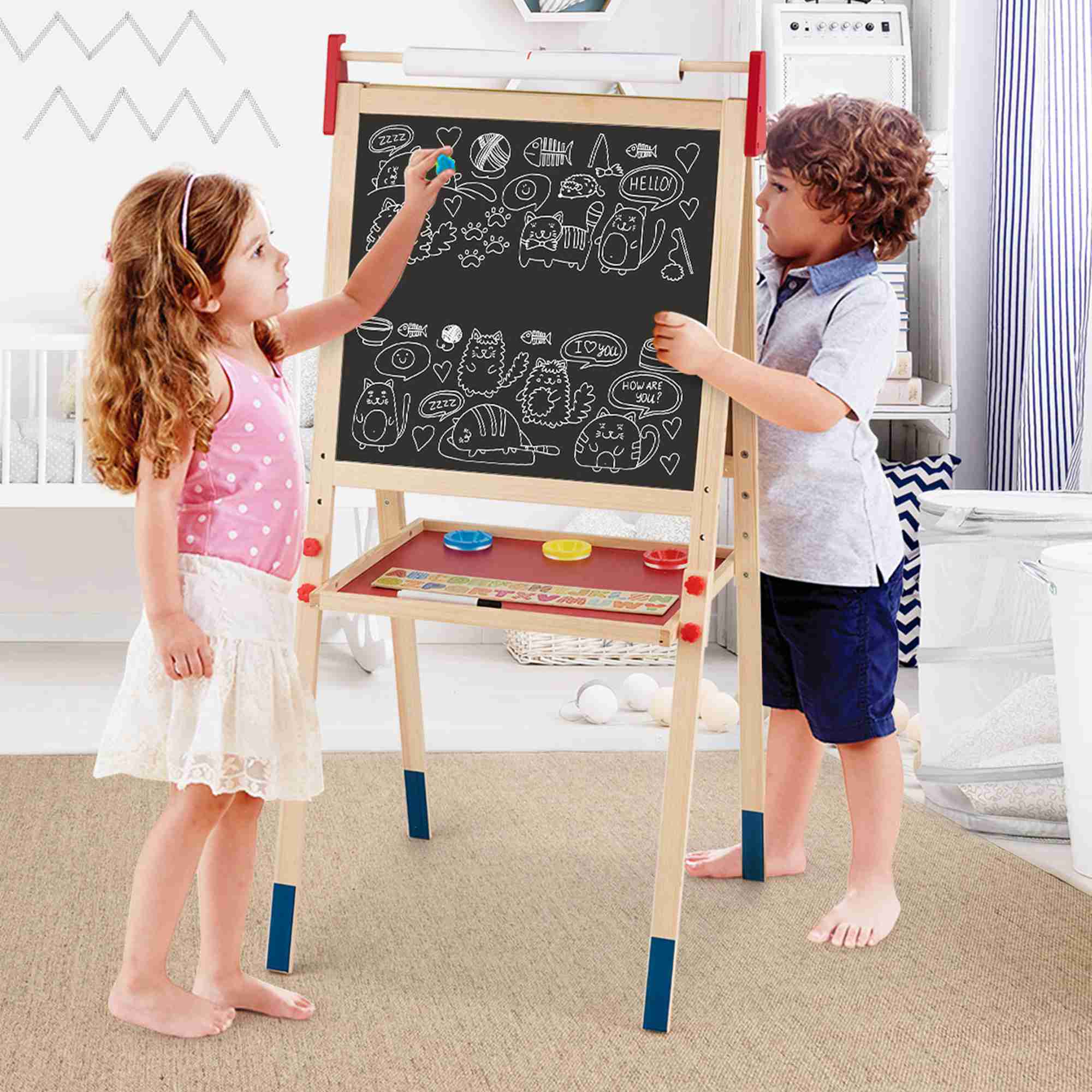 Costway All-in-One Wooden Kid's Art Easel Height Adjustable Paper Roll - Picture 5 of 10