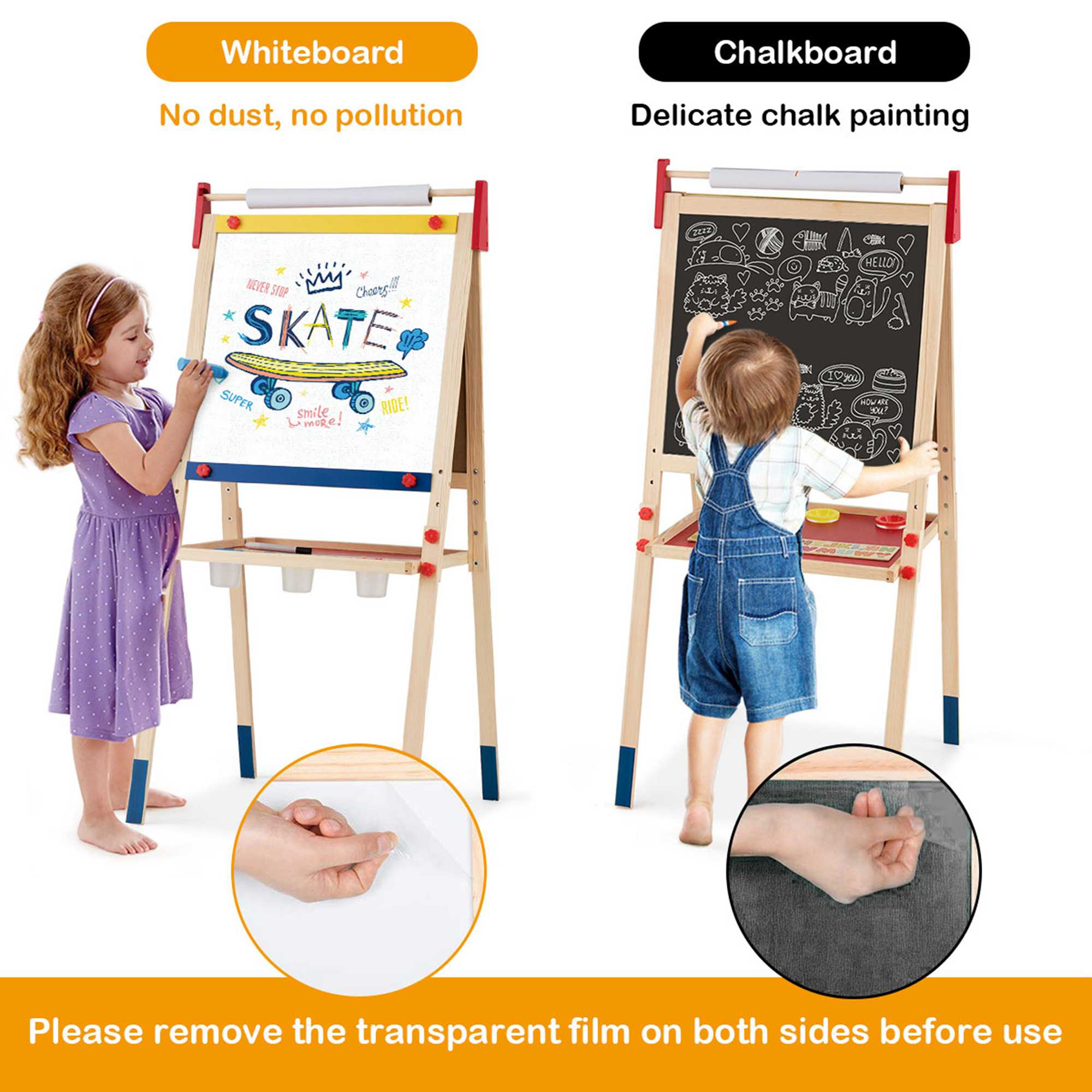 Costway All-in-One Wooden Kid's Art Easel Height Adjustable Paper Roll - Picture 6 of 10
