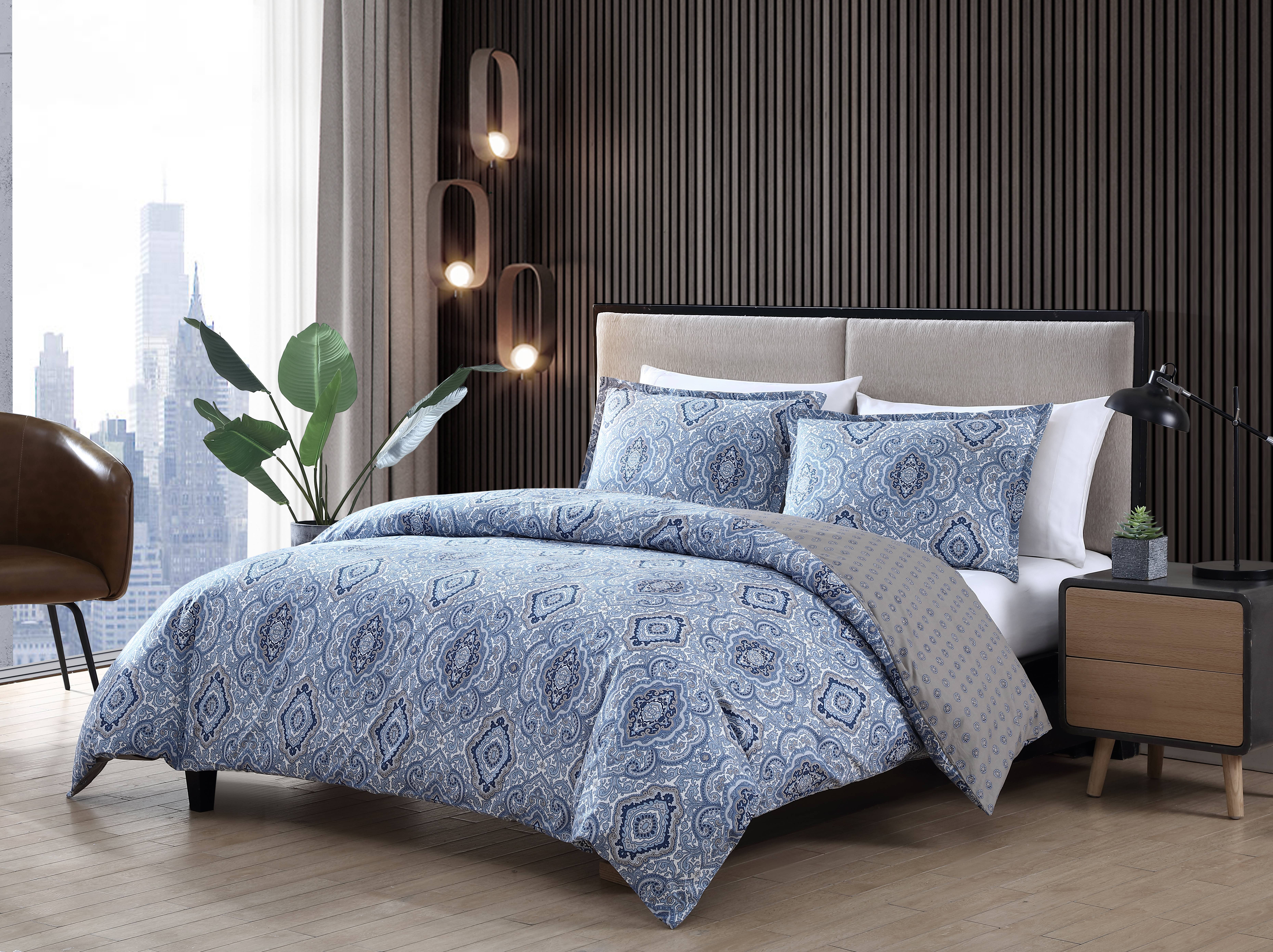 City Scene Milan Cotton Blue 3 Piece Comforter Set-Full/Queen - Picture 13 of 19
