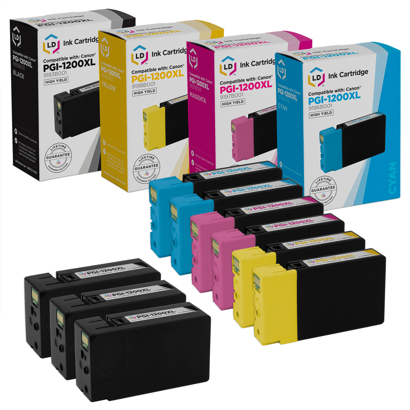 LD Ink for Canon PGI-1200XL HY Set of 9: 9183B001 9196B001 9197B001 9198B001 - Picture 1 of 9