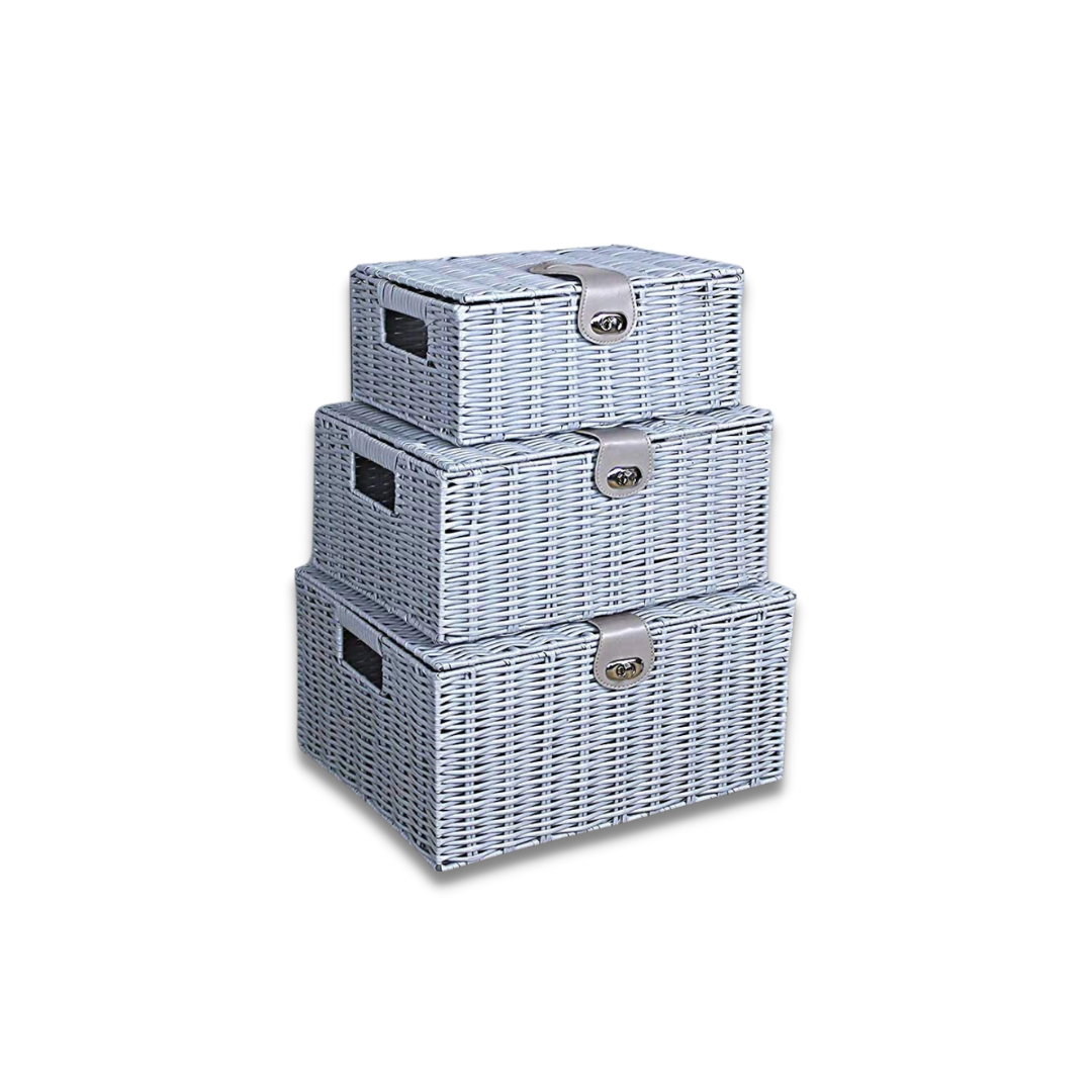 3 Storage Basket Set Resin Wicker Woven Hamper Box Lid & Lock Stackable Home - Picture 22 of 42