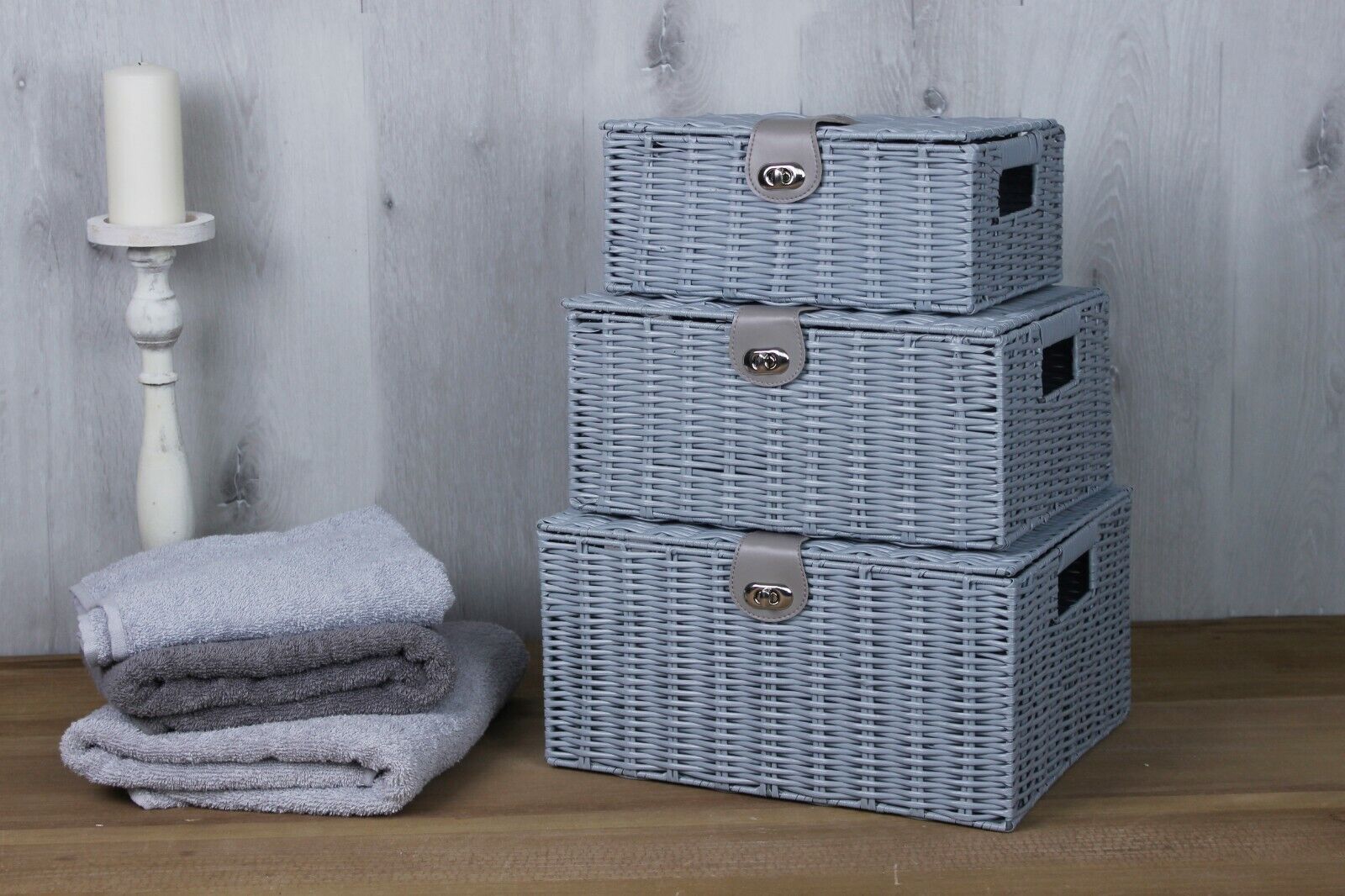 3 Storage Basket Set Resin Wicker Woven Hamper Box Lid & Lock Stackable Home - Picture 16 of 42