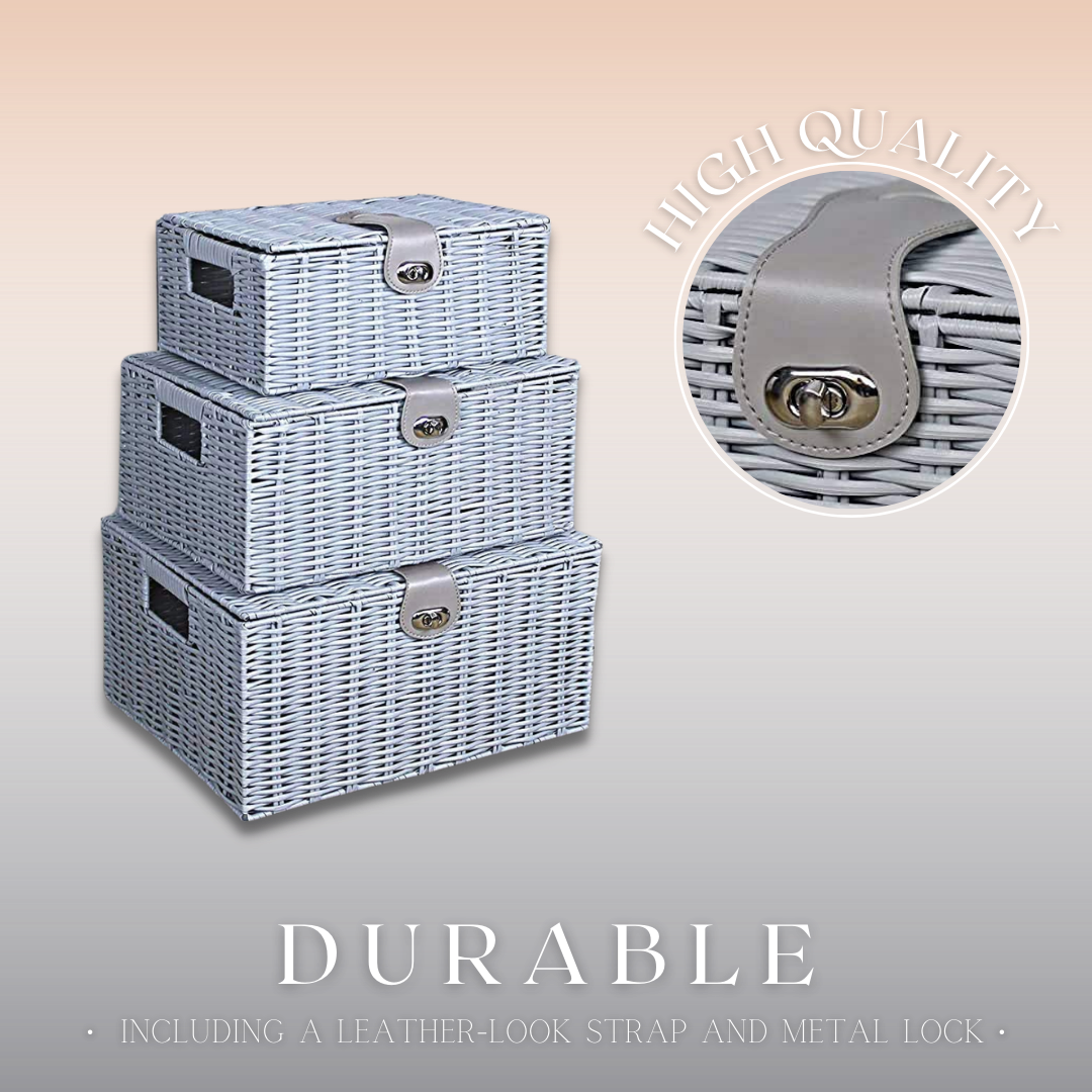 3 Storage Basket Set Resin Wicker Woven Hamper Box Lid & Lock Stackable Home - Picture 18 of 42