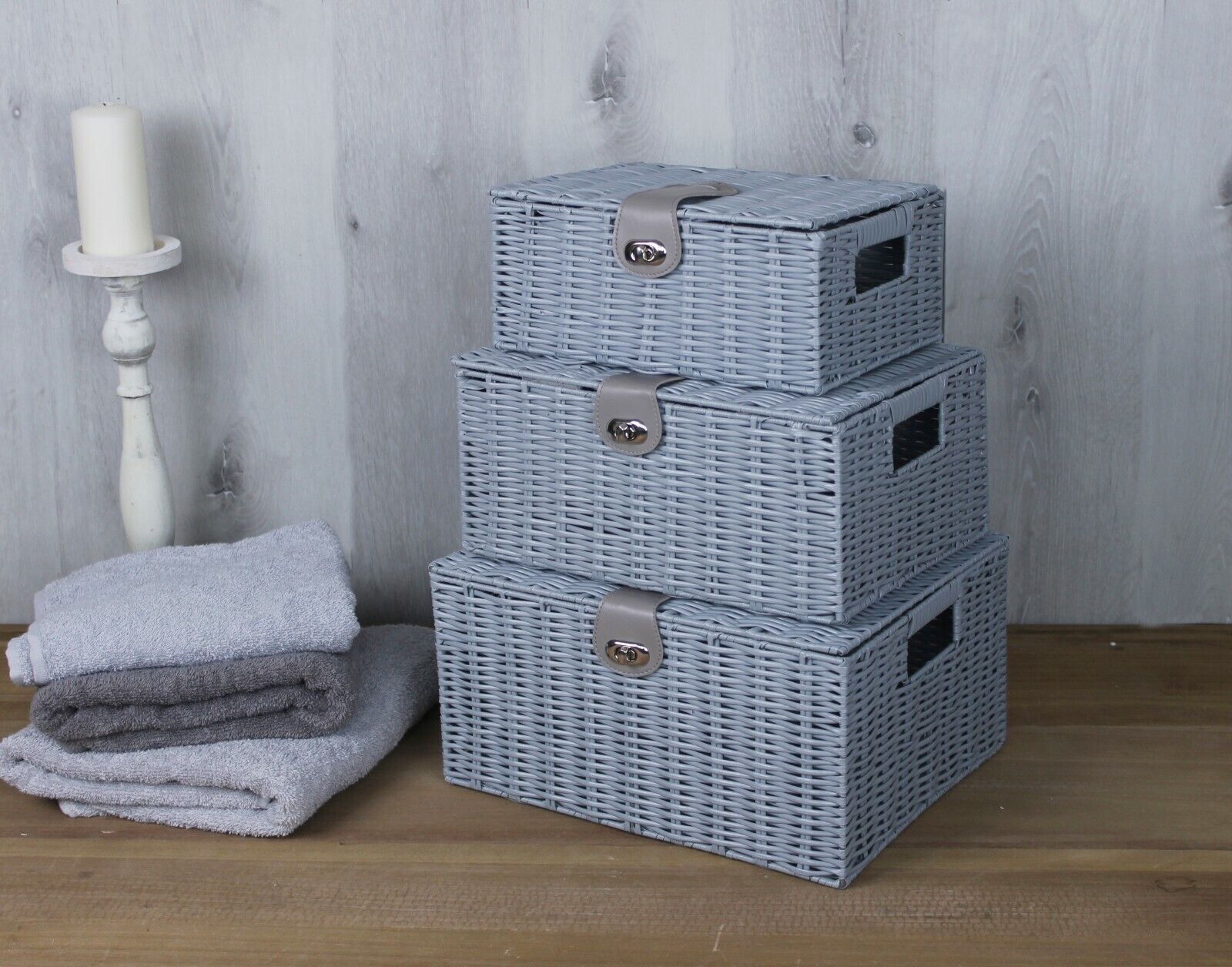 3 Storage Basket Set Resin Wicker Woven Hamper Box Lid & Lock Stackable Home - Picture 12 of 42