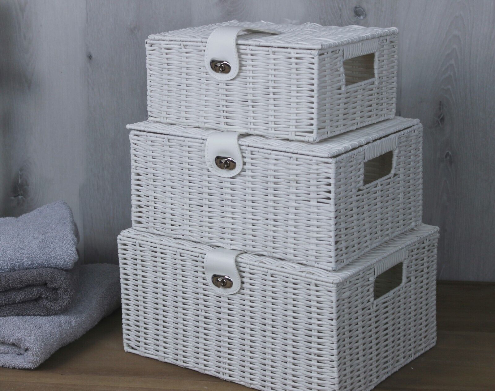 3 Storage Basket Set Resin Wicker Woven Hamper Box Lid & Lock Stackable Home - Picture 35 of 42