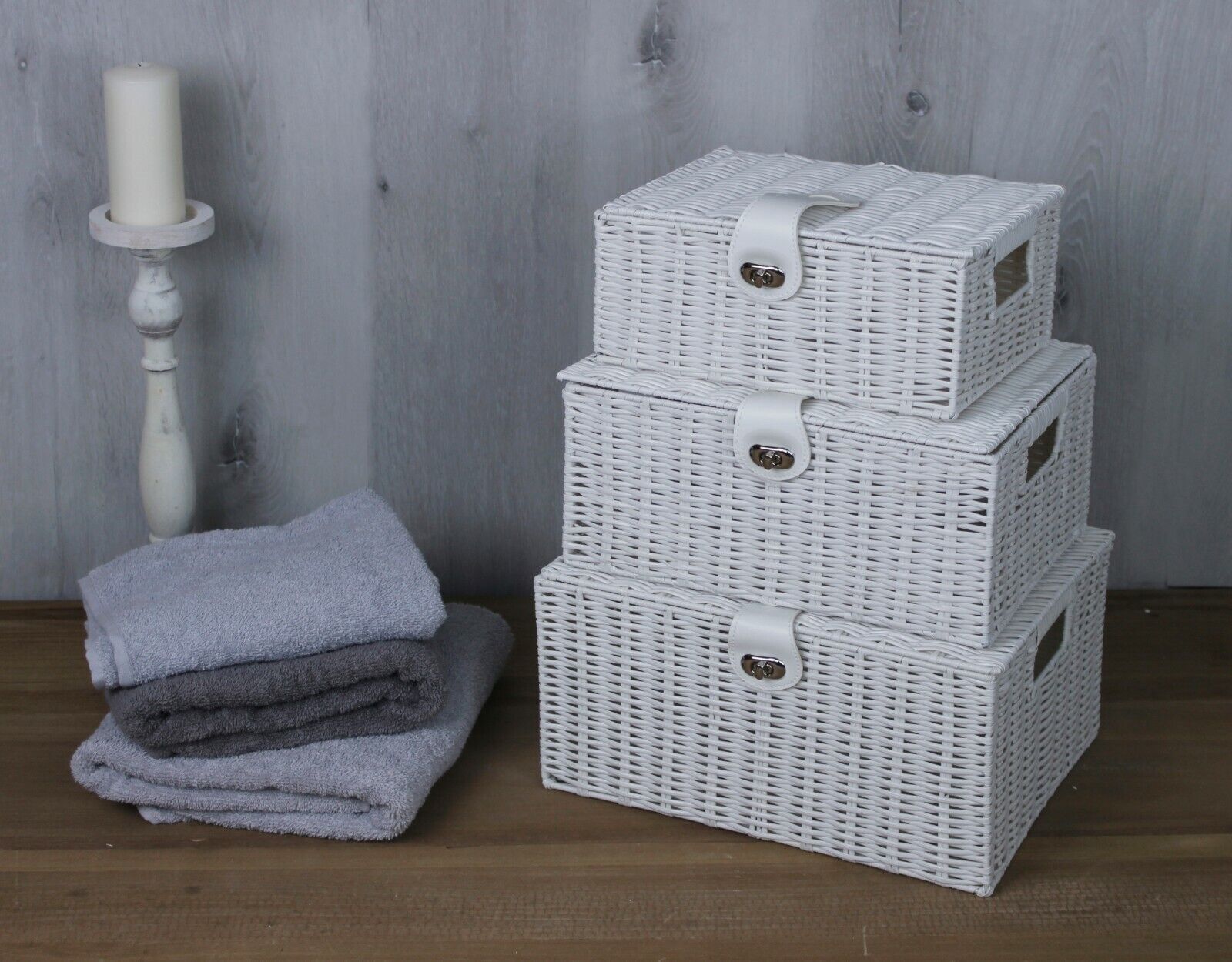 3 Storage Basket Set Resin Wicker Woven Hamper Box Lid & Lock Stackable Home - Picture 34 of 42