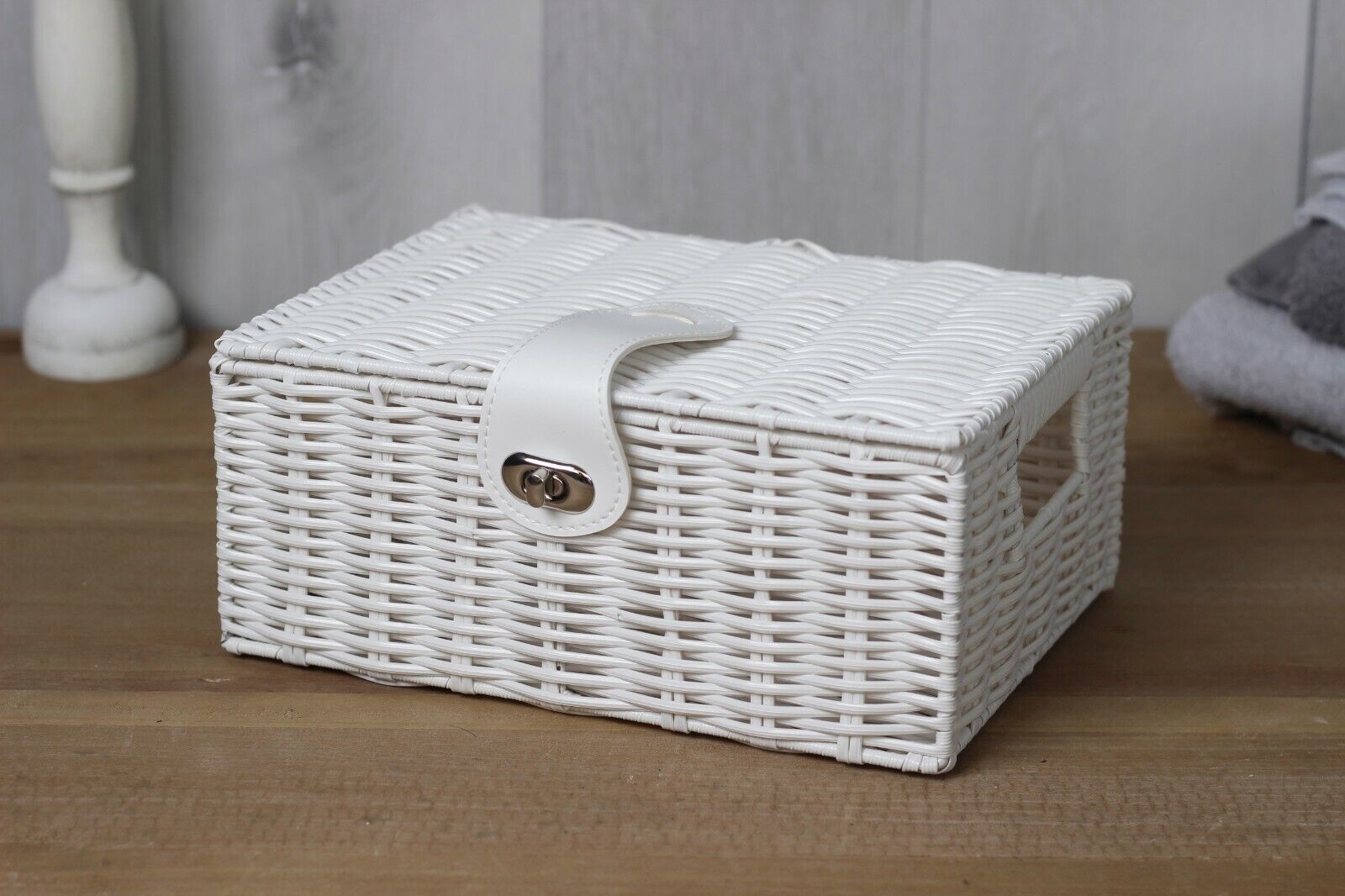 3 Storage Basket Set Resin Wicker Woven Hamper Box Lid & Lock Stackable Home - Picture 39 of 42