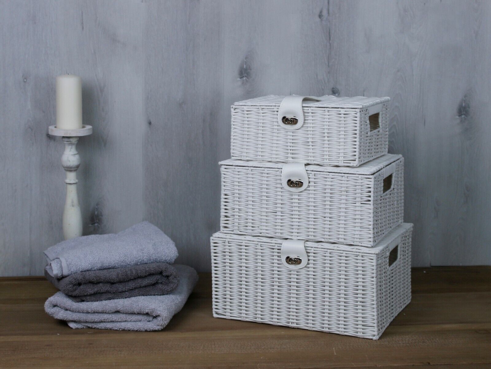 3 Storage Basket Set Resin Wicker Woven Hamper Box Lid & Lock Stackable Home - Picture 33 of 42