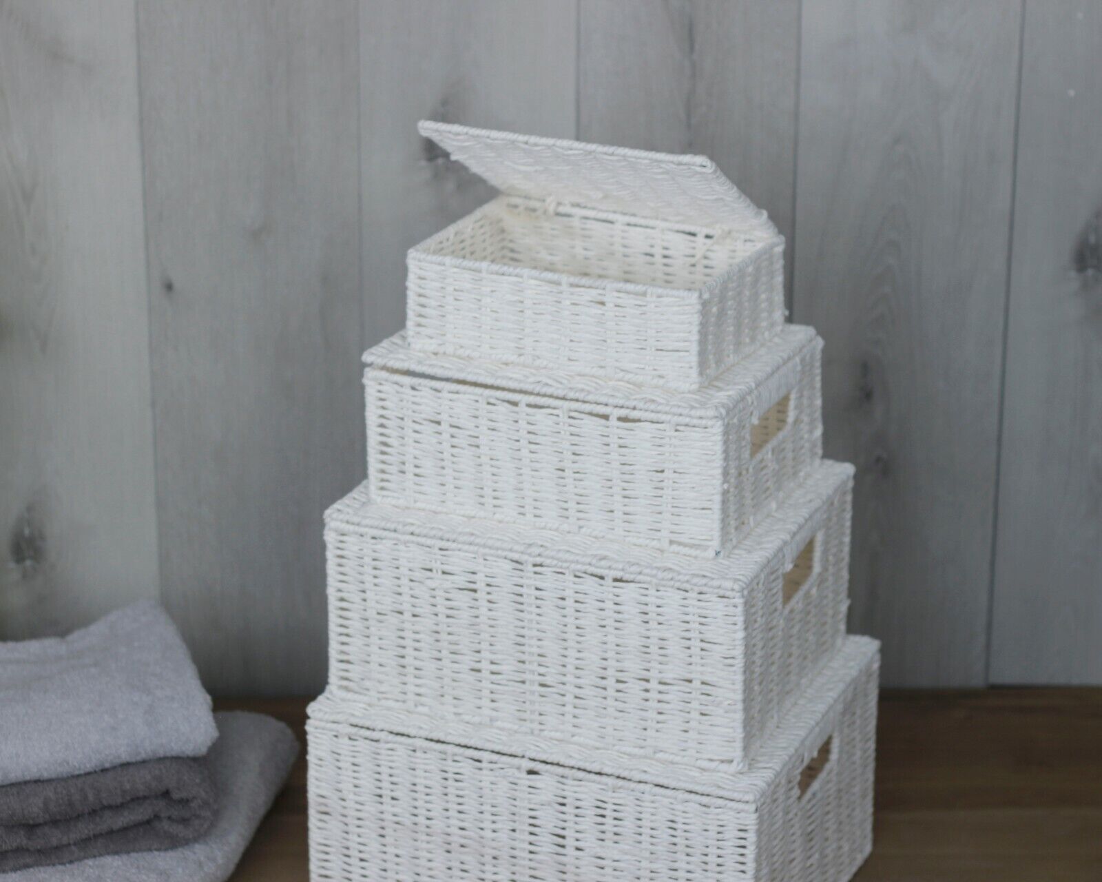 3 Storage Basket Set Resin Wicker Woven Hamper Box Lid & Lock Stackable Home - Picture 24 of 42