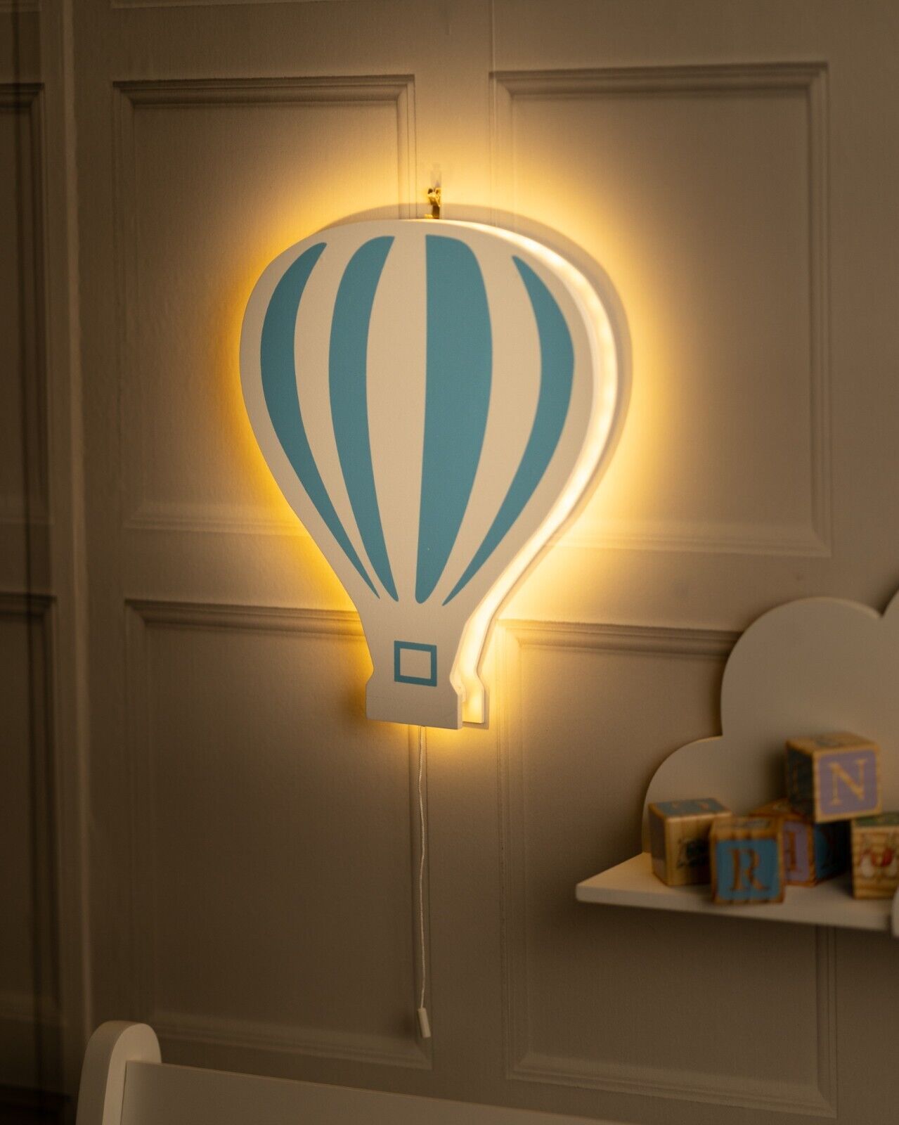 Kid's Night Light Lamp Balloon Moon Cloud Pink Blue Nursery Wooden Decor Home - Picture 16 of 45