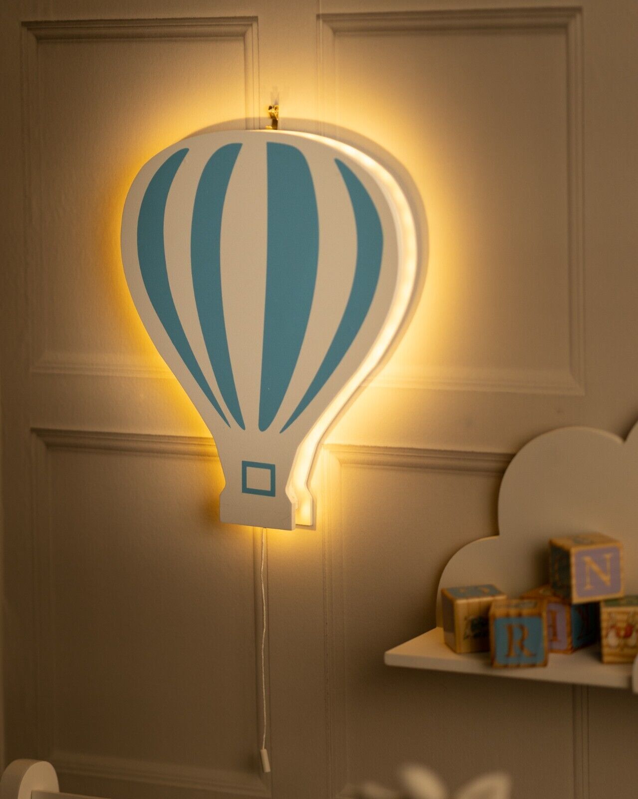 Kid's Night Light Lamp Balloon Moon Cloud Pink Blue Nursery Wooden Decor Home - Picture 15 of 45