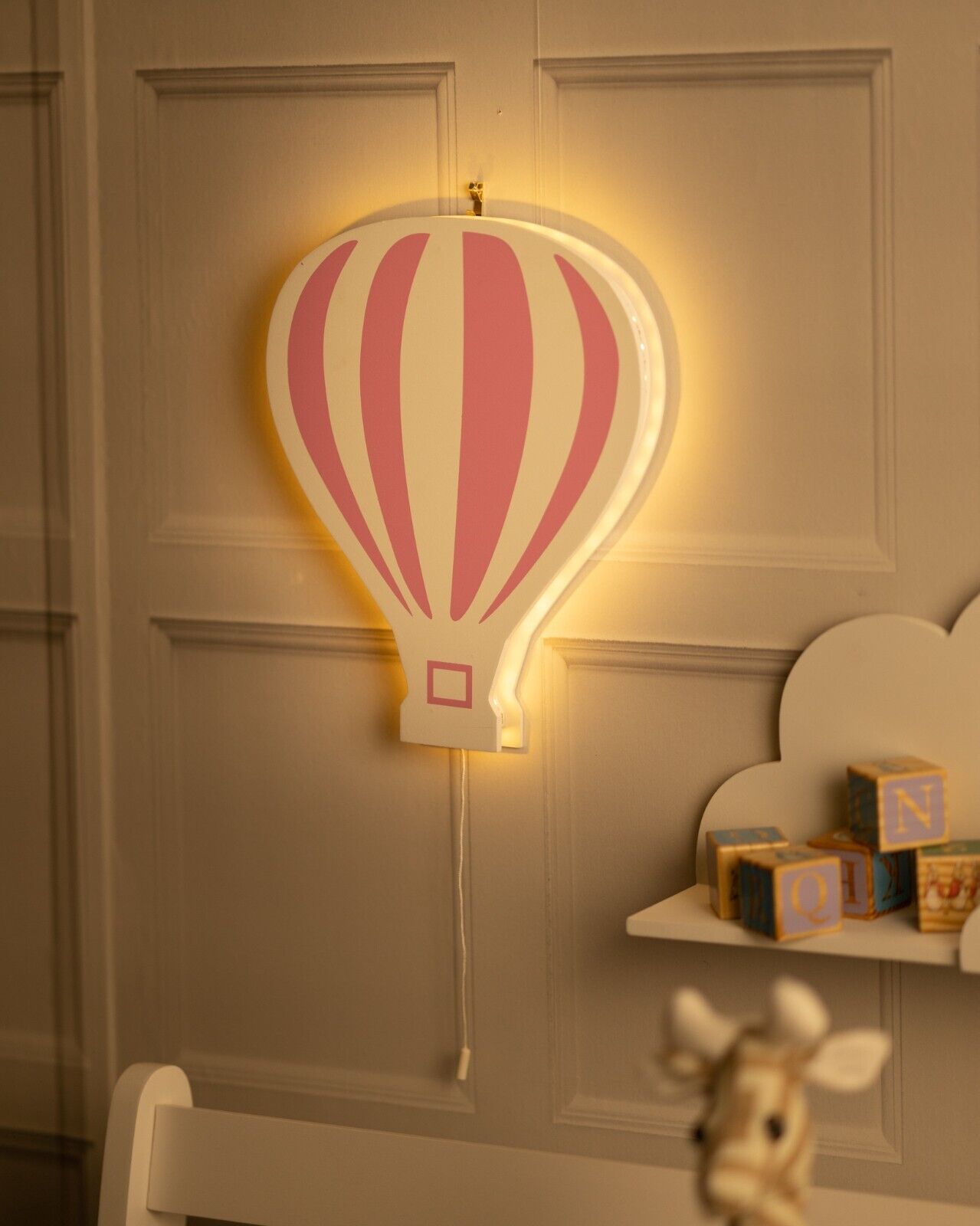 Kid's Night Light Lamp Balloon Moon Cloud Pink Blue Nursery Wooden Decor Home - Picture 41 of 45