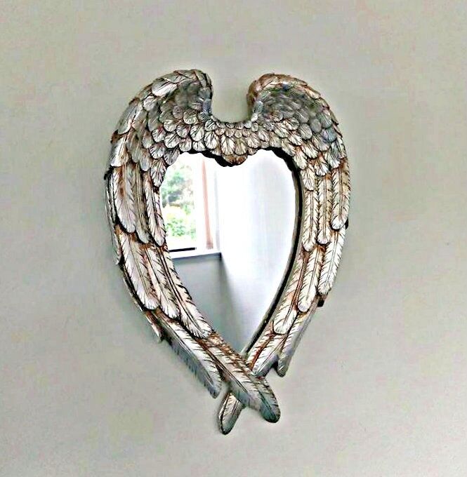 Angel Wings Mirror Heart Shaped Feathered Distressed Home Decor Hanging Wall - Picture 15 of 36