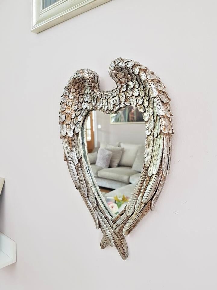 Angel Wings Mirror Heart Shaped Feathered Distressed Home Decor Hanging Wall - Picture 13 of 36