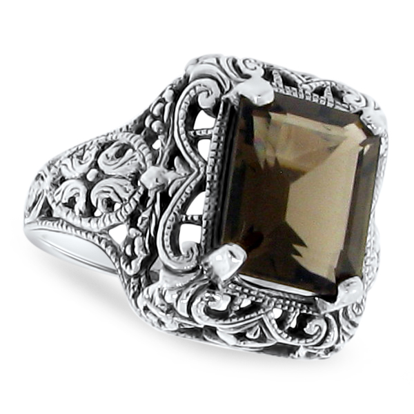 GENUINE SMOKY QUARTZ 925 STERLING SILVER DECO ANTIQUE STYLE FILIGREE RING 111X - Picture 7 of 22