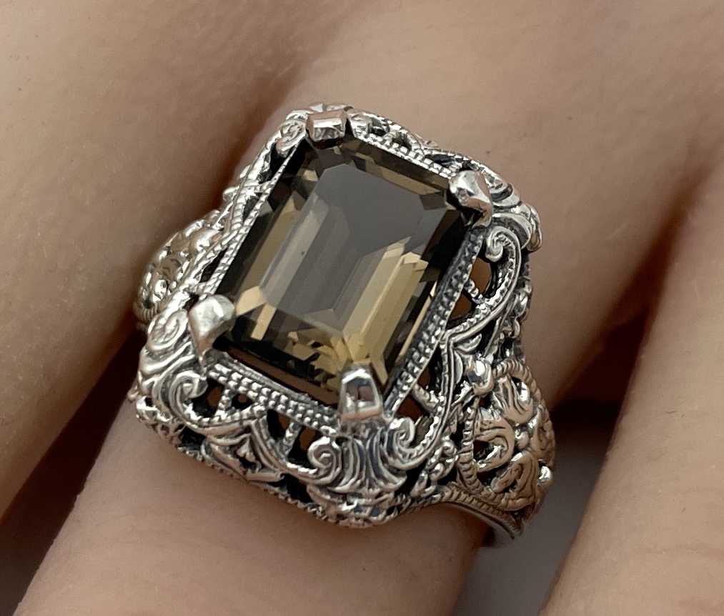 GENUINE SMOKY QUARTZ 925 STERLING SILVER DECO ANTIQUE STYLE FILIGREE RING 111X - Picture 5 of 22