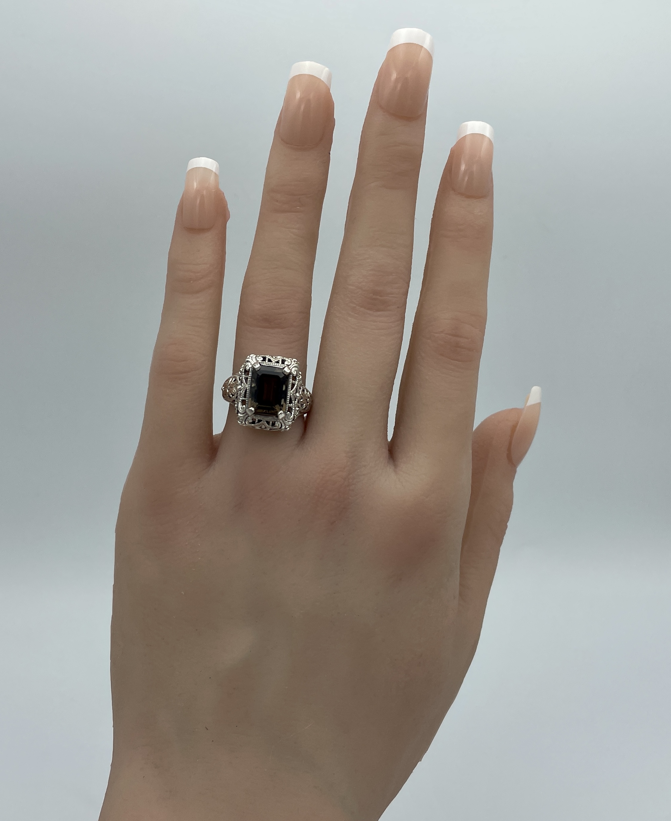 GENUINE SMOKY QUARTZ 925 STERLING SILVER DECO ANTIQUE STYLE FILIGREE RING 111X - Picture 6 of 22