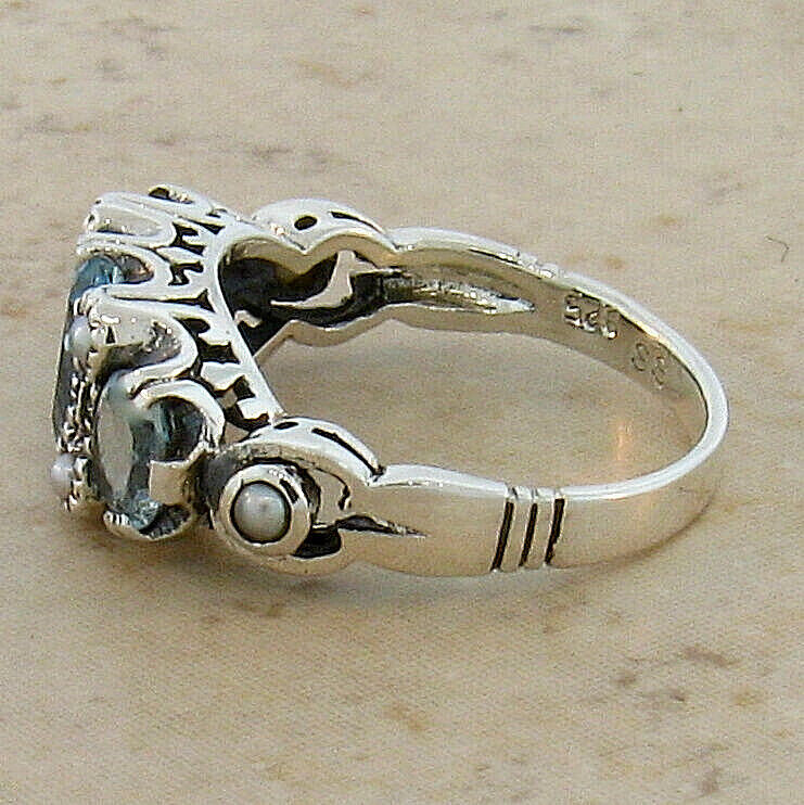 GENUINE SKY BLUE TOPAZ & PEARL 925 STERLING SILVER VICTORIAN STYLE RING 066X - Picture 5 of 25
