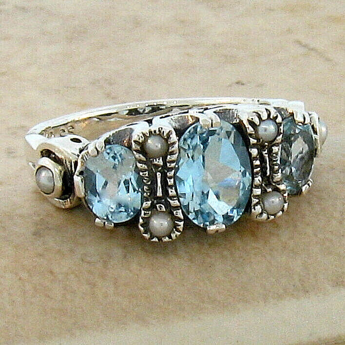 GENUINE SKY BLUE TOPAZ & PEARL 925 STERLING SILVER VICTORIAN STYLE RING 066X - Picture 4 of 25
