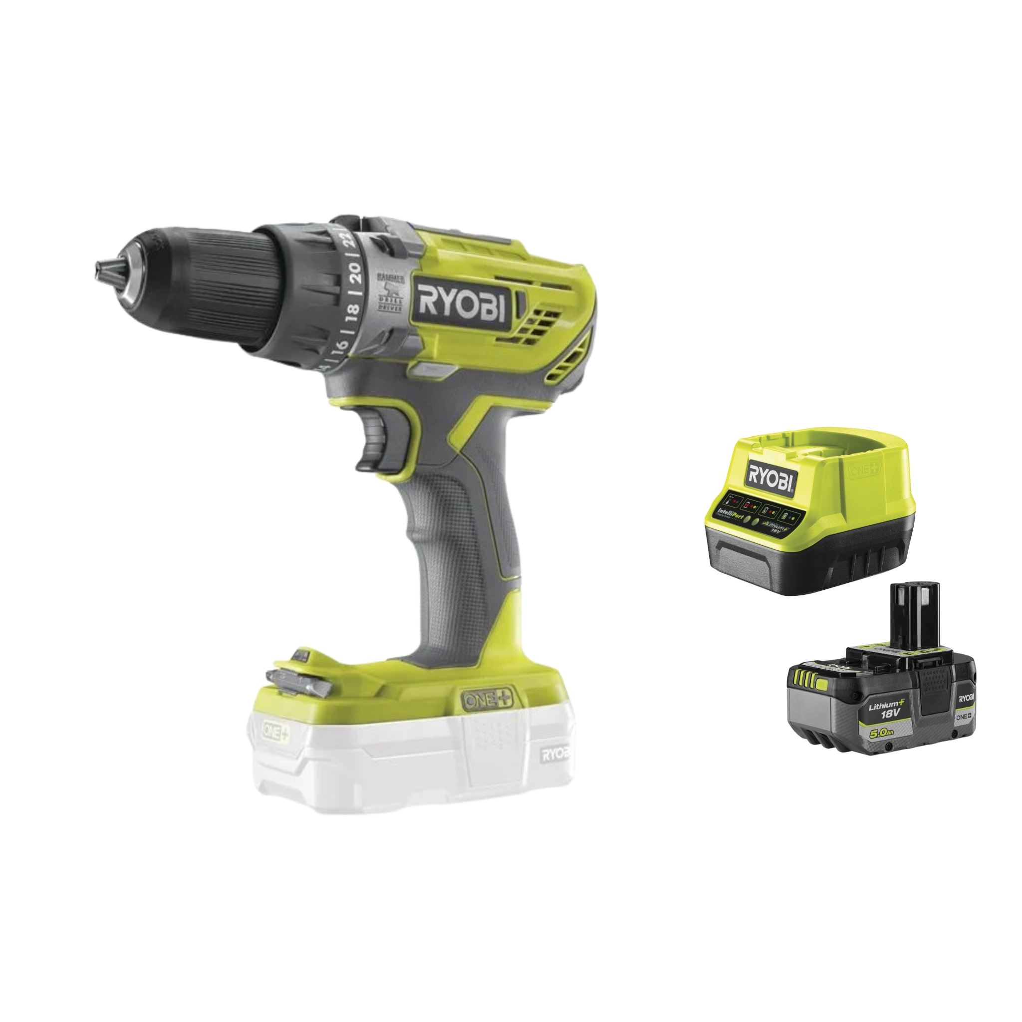 RYOBI Taladro Atornillador Inalámbrico 18V ONE+ Con 2 Baterías 1.5Ah, Cargador Y Bolsa - 2 Velocidades, Portabrocas 13mm