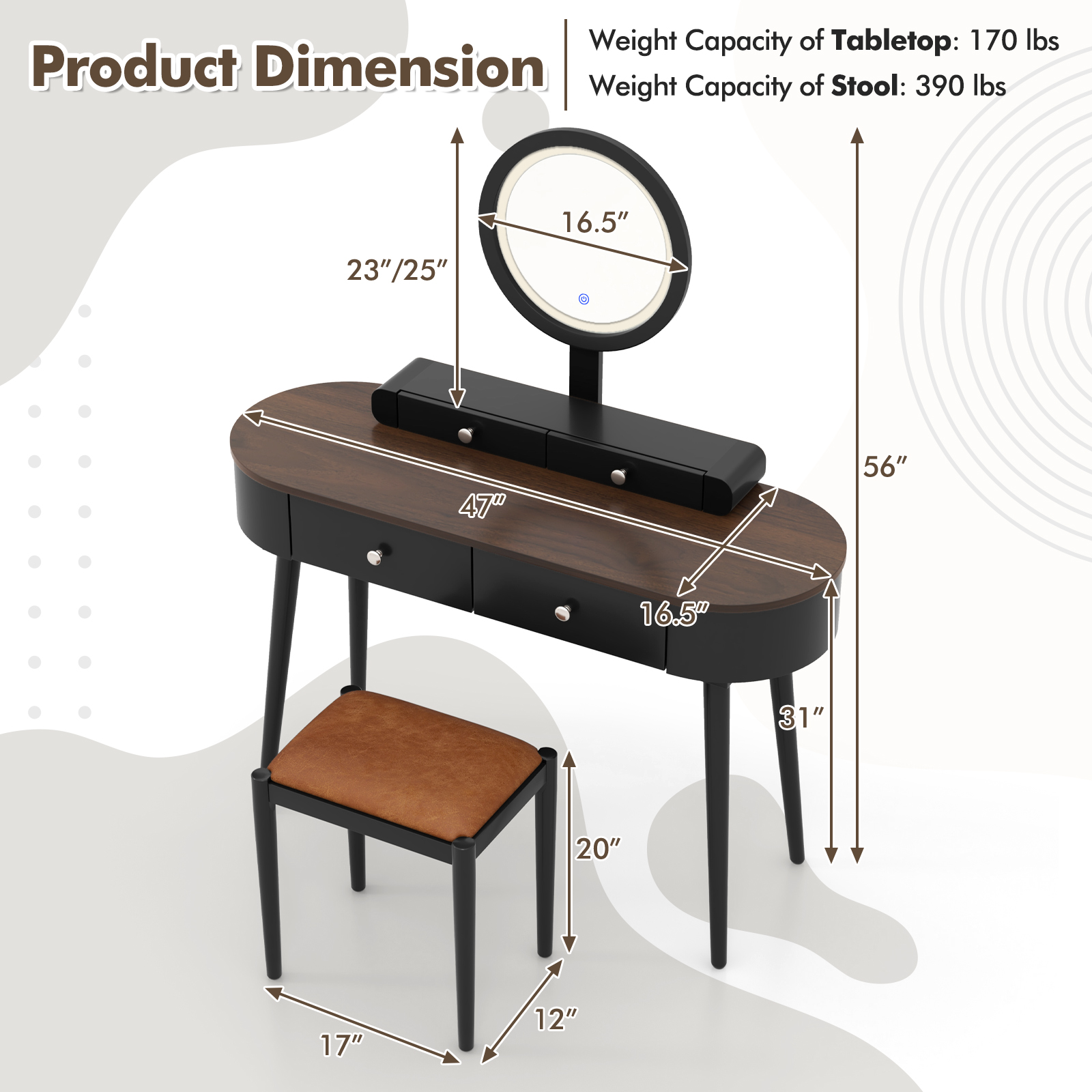 Solid Wood Makeup Vanity Desk Set w/LED Lighted Mirror, Drawers, Cushioned Stool - Picture 12 of 40