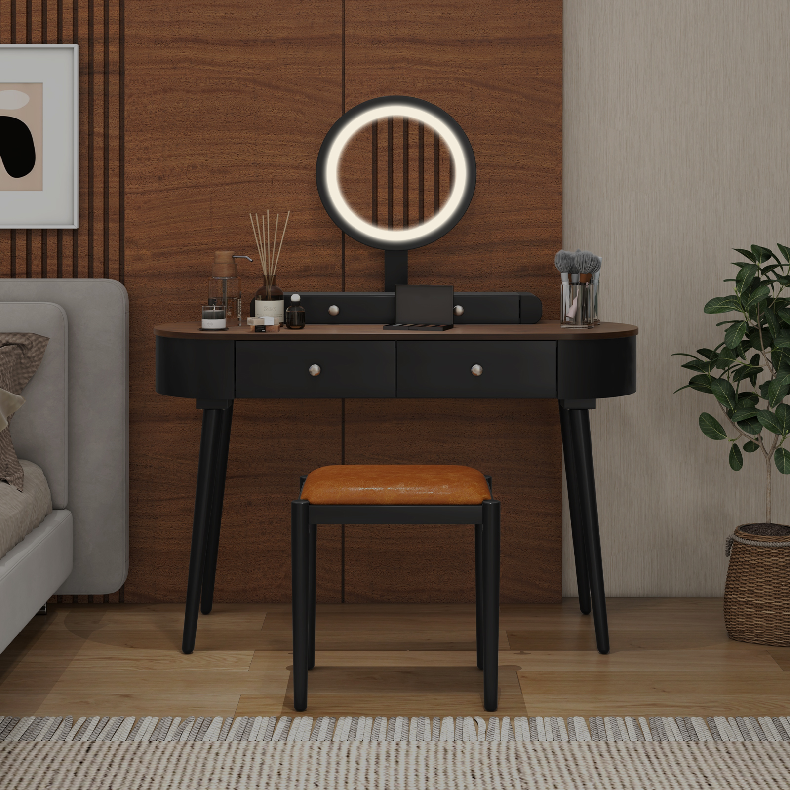 Solid Wood Makeup Vanity Desk Set w/LED Lighted Mirror, Drawers, Cushioned Stool - Picture 13 of 40
