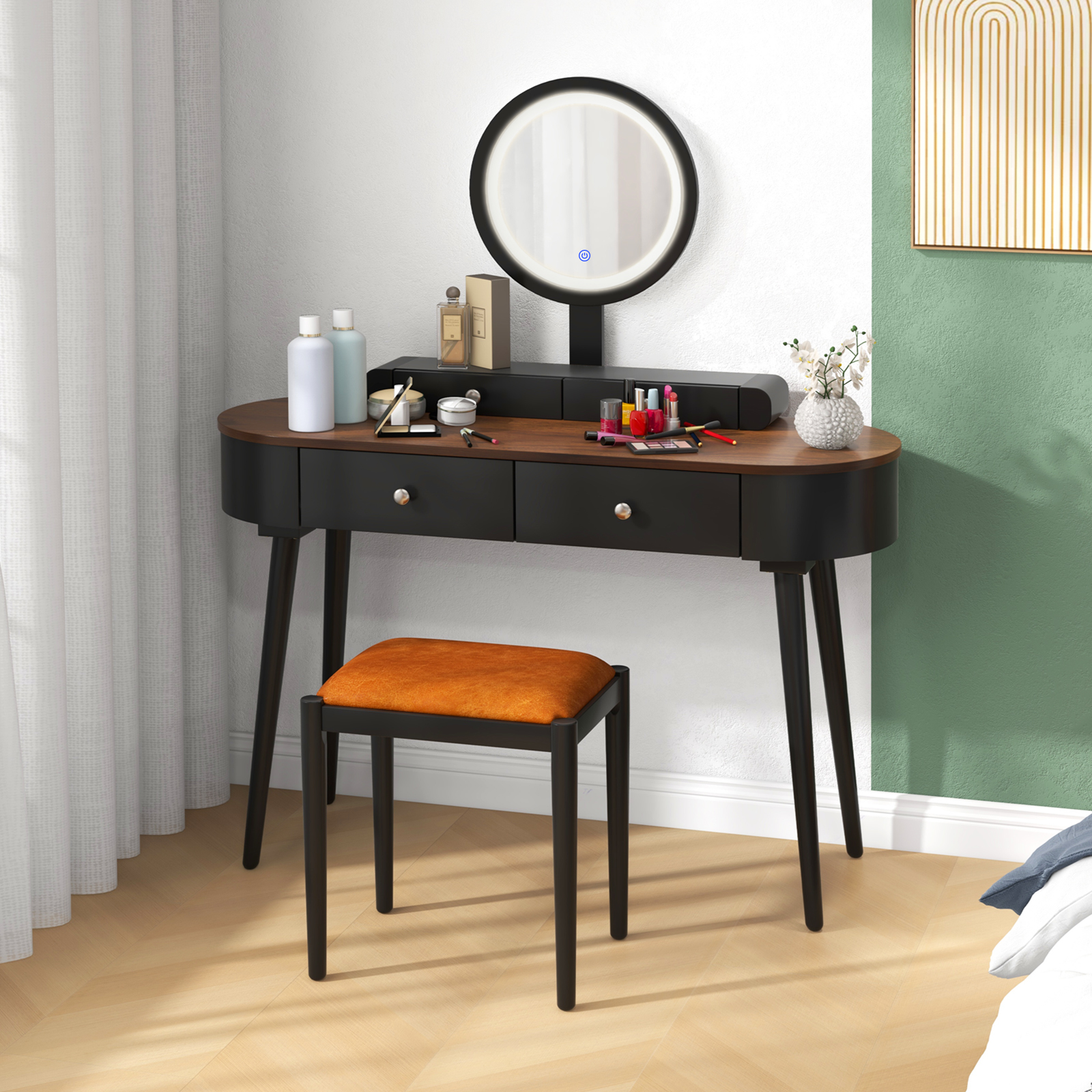 Solid Wood Makeup Vanity Desk Set w/LED Lighted Mirror, Drawers, Cushioned Stool - Picture 14 of 40