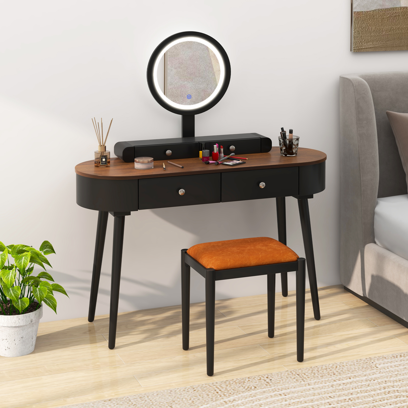 Solid Wood Makeup Vanity Desk Set w/LED Lighted Mirror, Drawers, Cushioned Stool - Picture 15 of 40