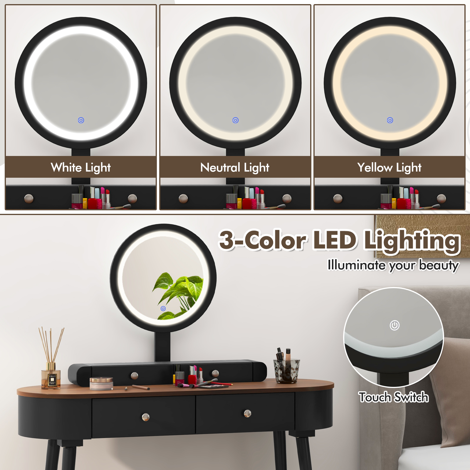 Solid Wood Makeup Vanity Desk Set w/LED Lighted Mirror, Drawers, Cushioned Stool - Picture 16 of 40