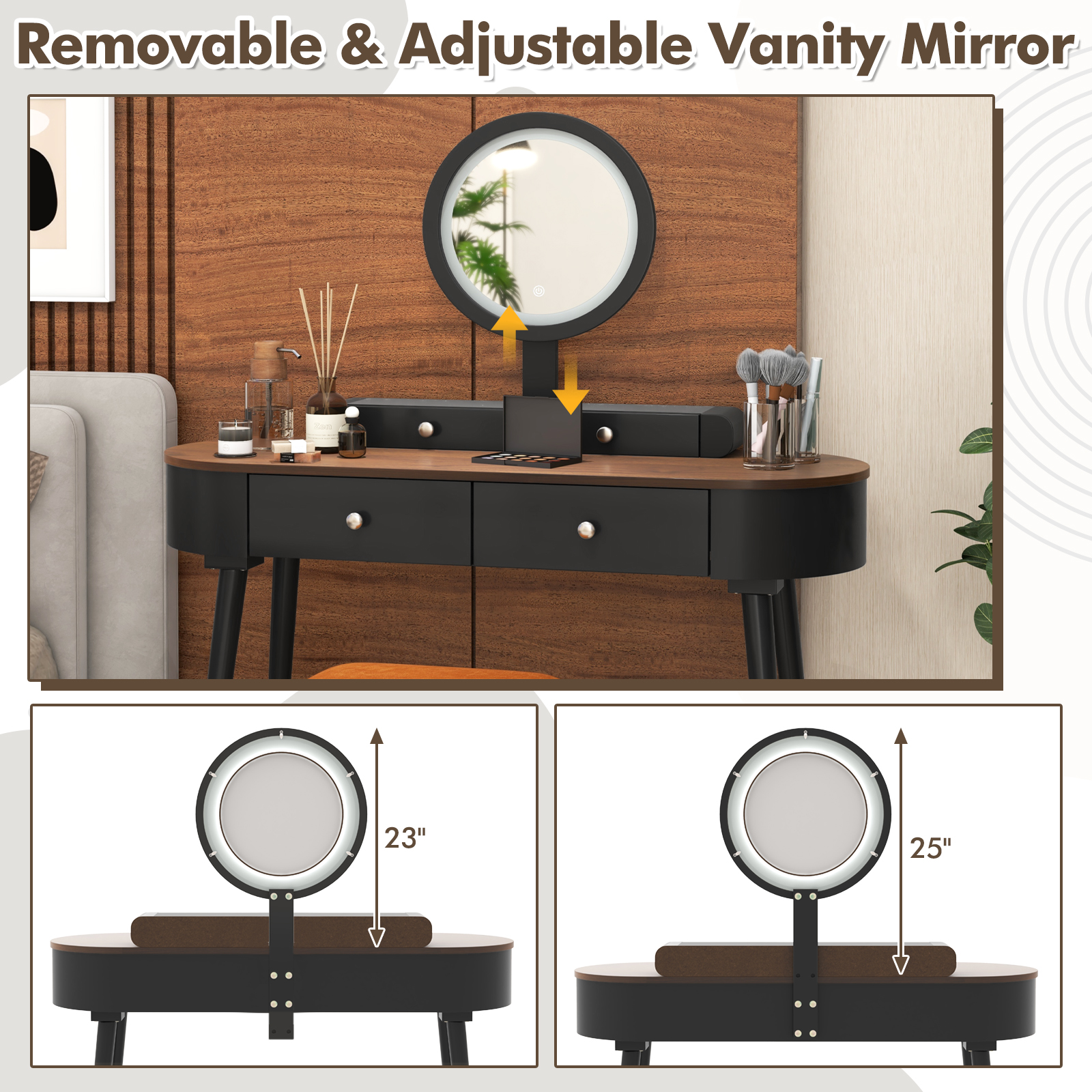 Solid Wood Makeup Vanity Desk Set w/LED Lighted Mirror, Drawers, Cushioned Stool - Picture 18 of 40