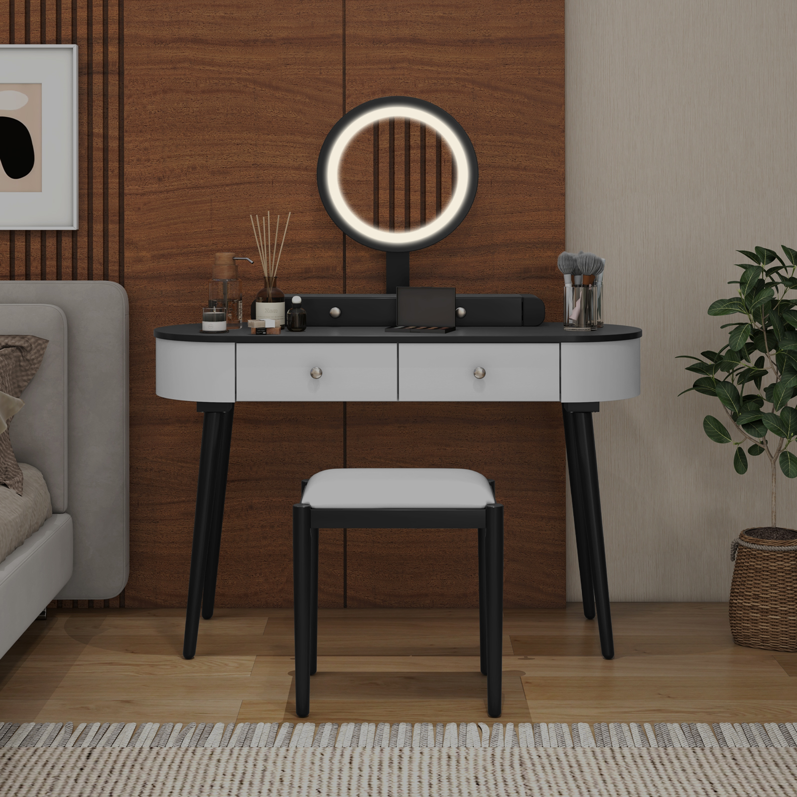 Solid Wood Makeup Vanity Desk Set w/LED Lighted Mirror, Drawers, Cushioned Stool - Picture 23 of 40