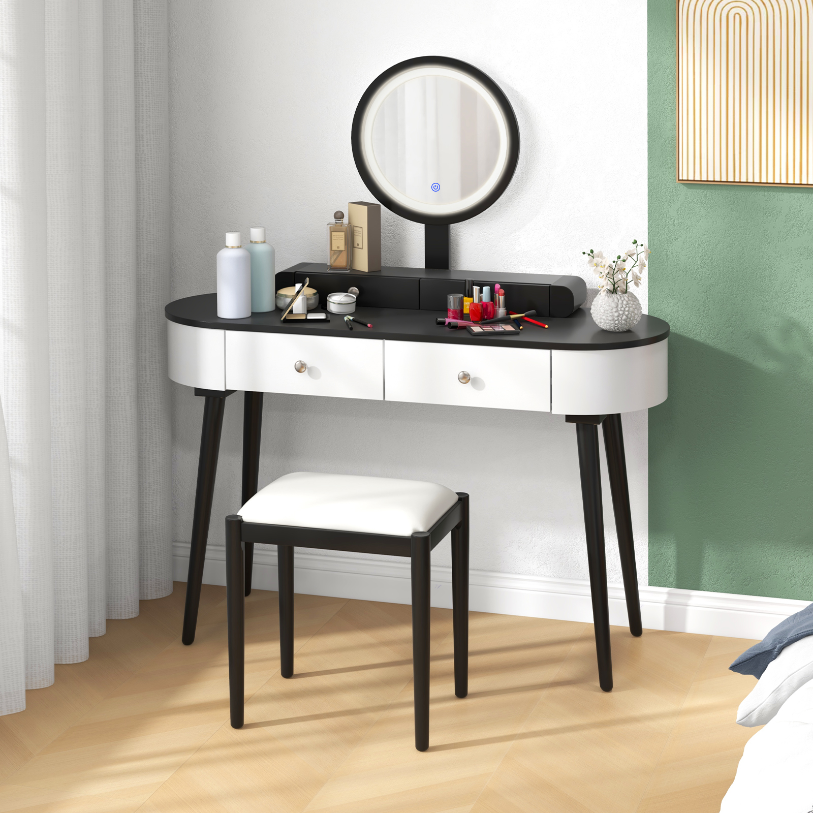 Solid Wood Makeup Vanity Desk Set w/LED Lighted Mirror, Drawers, Cushioned Stool - Picture 24 of 40