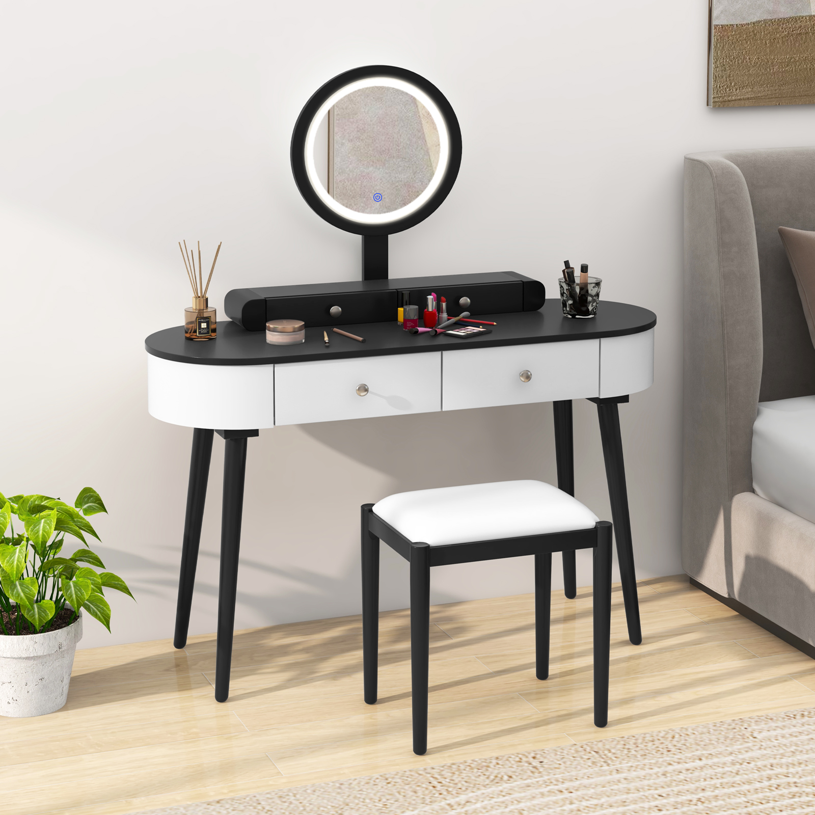 Solid Wood Makeup Vanity Desk Set w/LED Lighted Mirror, Drawers, Cushioned Stool - Picture 25 of 40