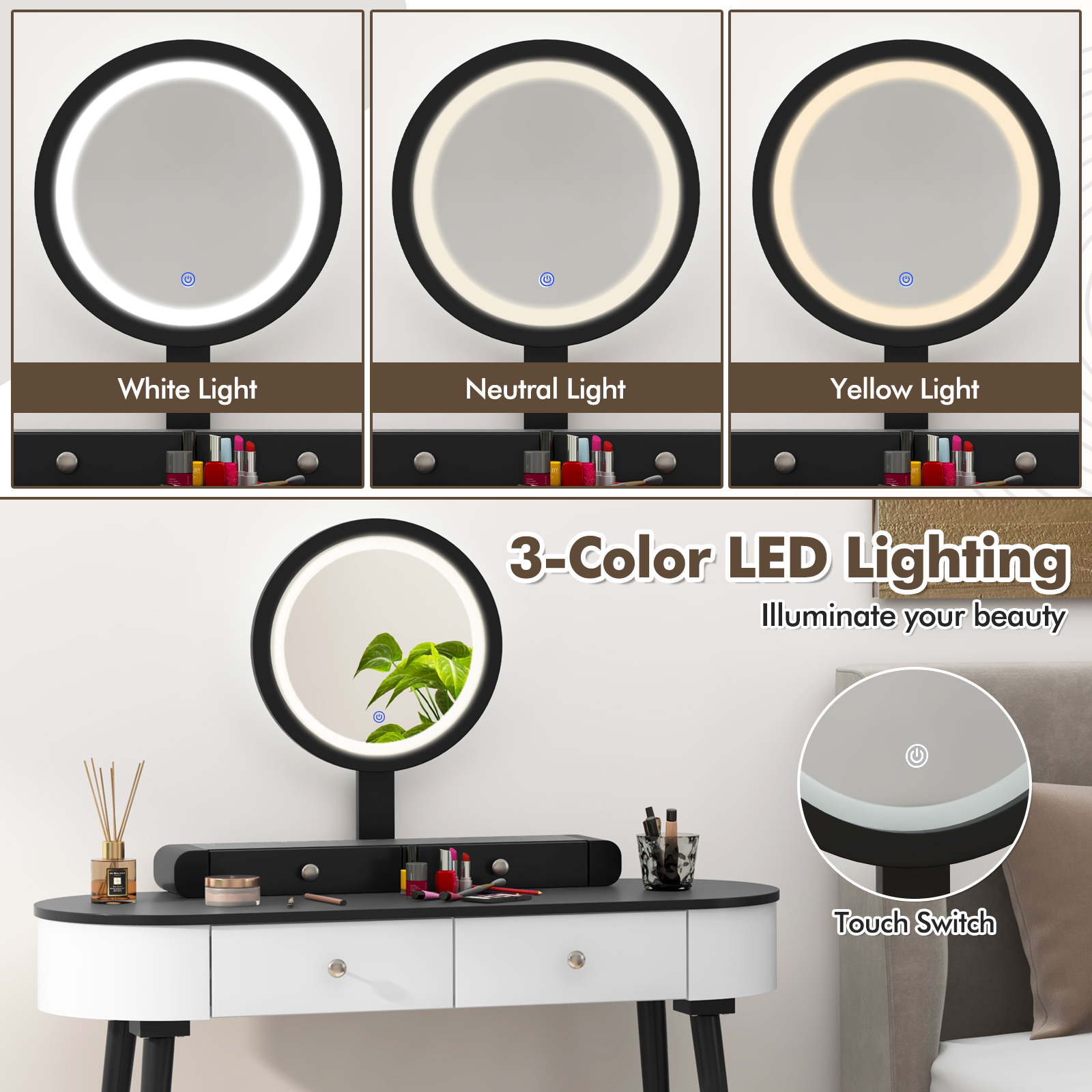 Solid Wood Makeup Vanity Desk Set w/LED Lighted Mirror, Drawers, Cushioned Stool - Picture 26 of 40