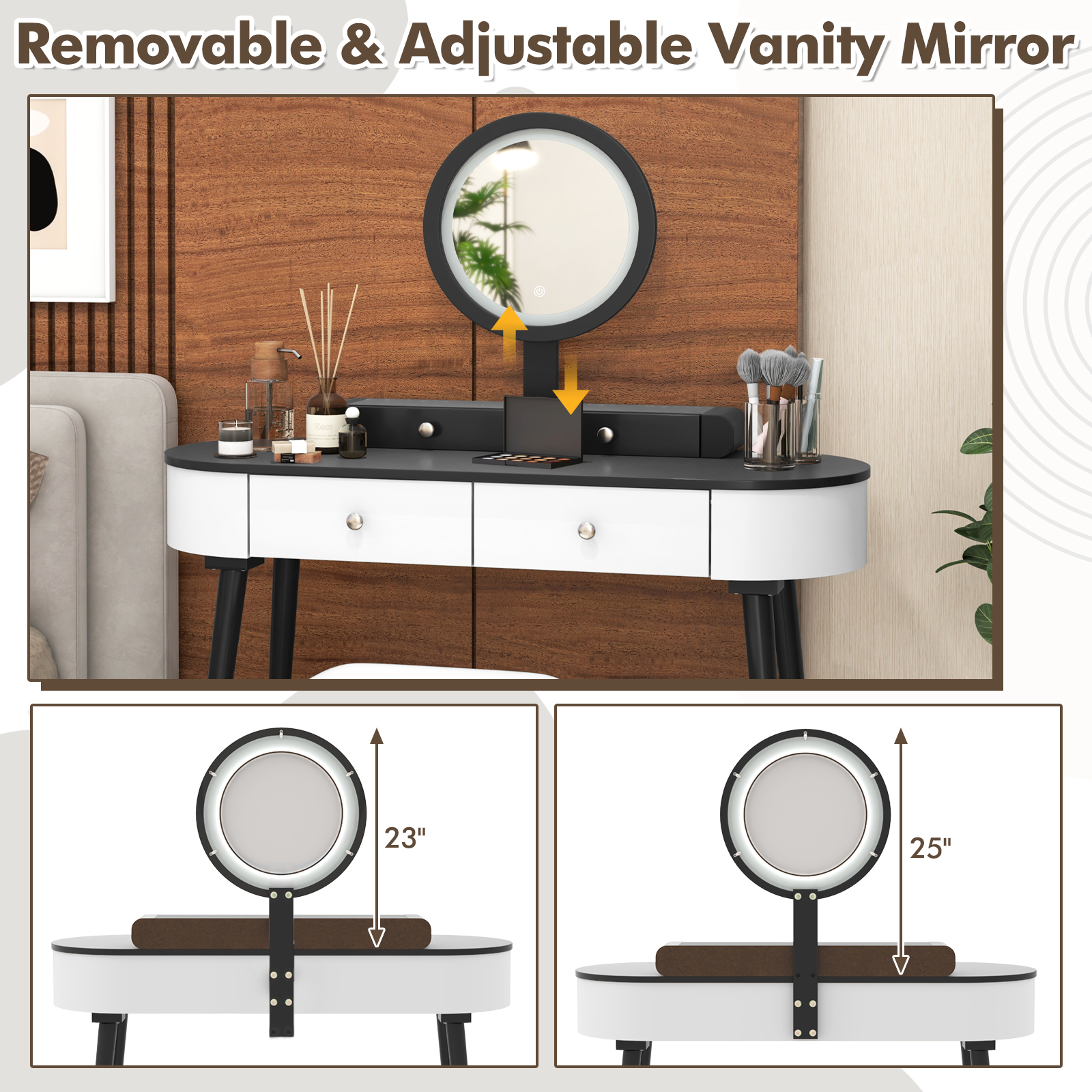 Solid Wood Makeup Vanity Desk Set w/LED Lighted Mirror, Drawers, Cushioned Stool - Picture 28 of 40