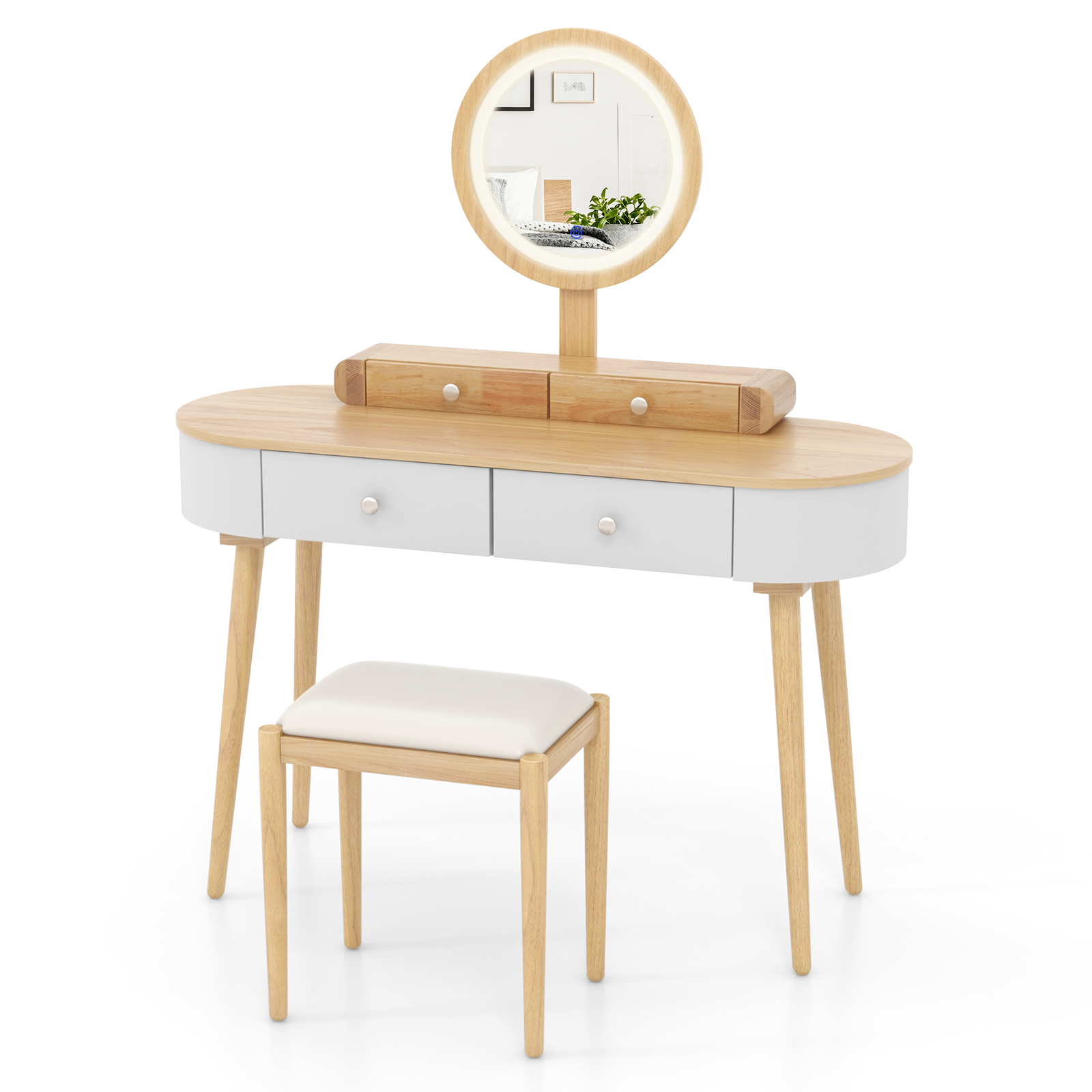 Solid Wood Makeup Vanity Desk Set w/LED Lighted Mirror, Drawers, Cushioned Stool - Picture 40 of 40