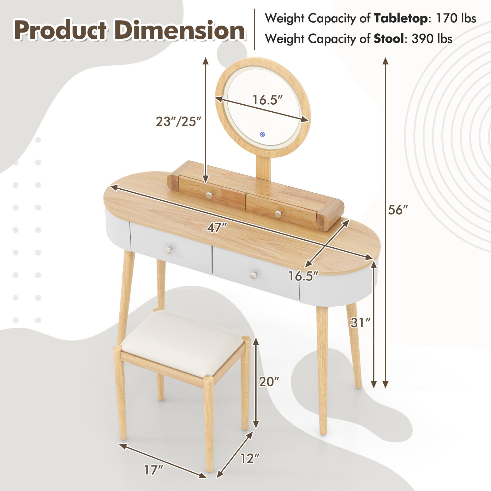 Solid Wood Makeup Vanity Desk Set w/LED Lighted Mirror, Drawers, Cushioned Stool - Picture 32 of 40