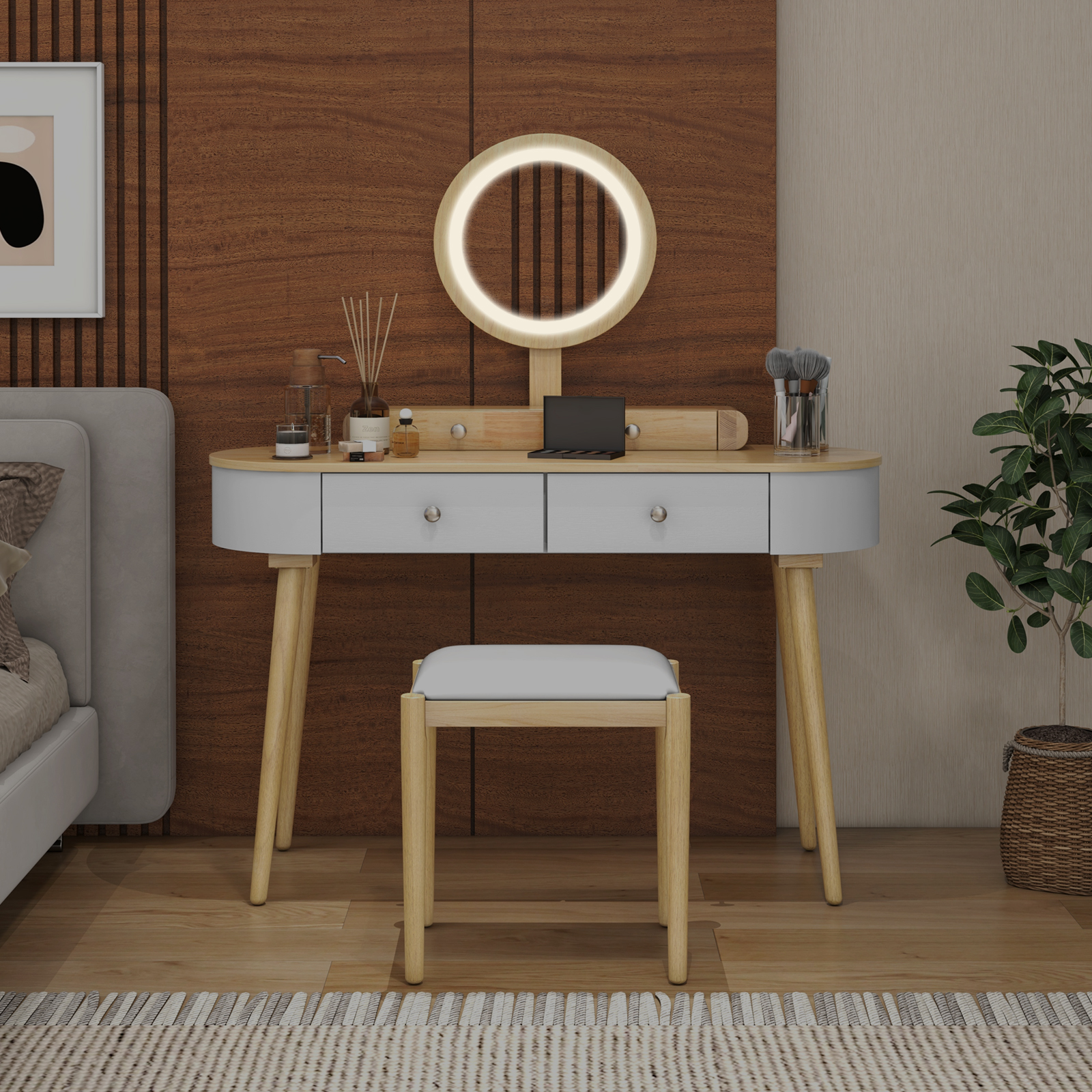 Solid Wood Makeup Vanity Desk Set w/LED Lighted Mirror, Drawers, Cushioned Stool - Picture 33 of 40
