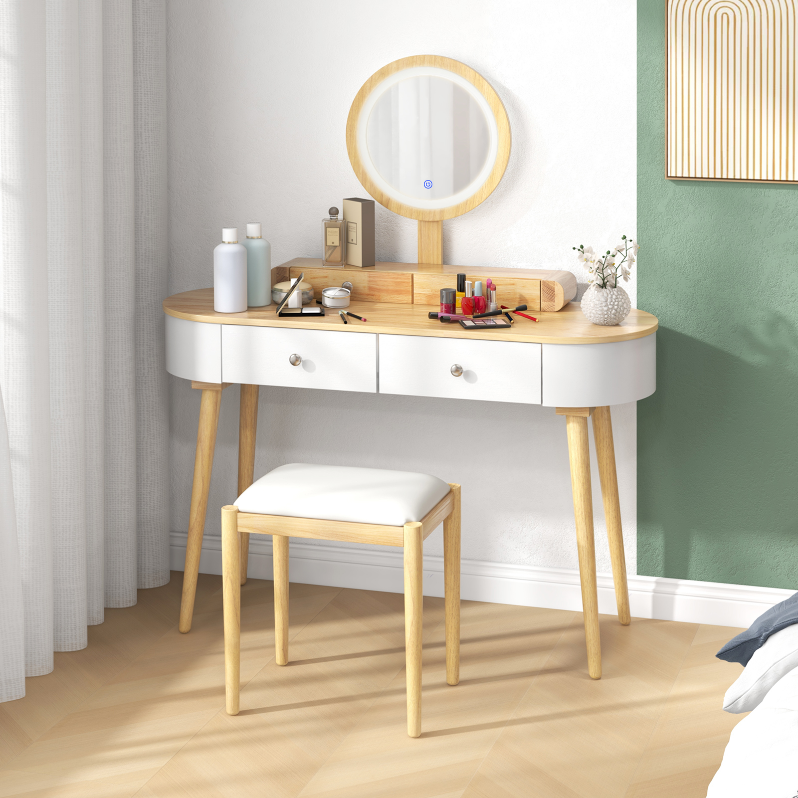 Solid Wood Makeup Vanity Desk Set w/LED Lighted Mirror, Drawers, Cushioned Stool - Picture 34 of 40