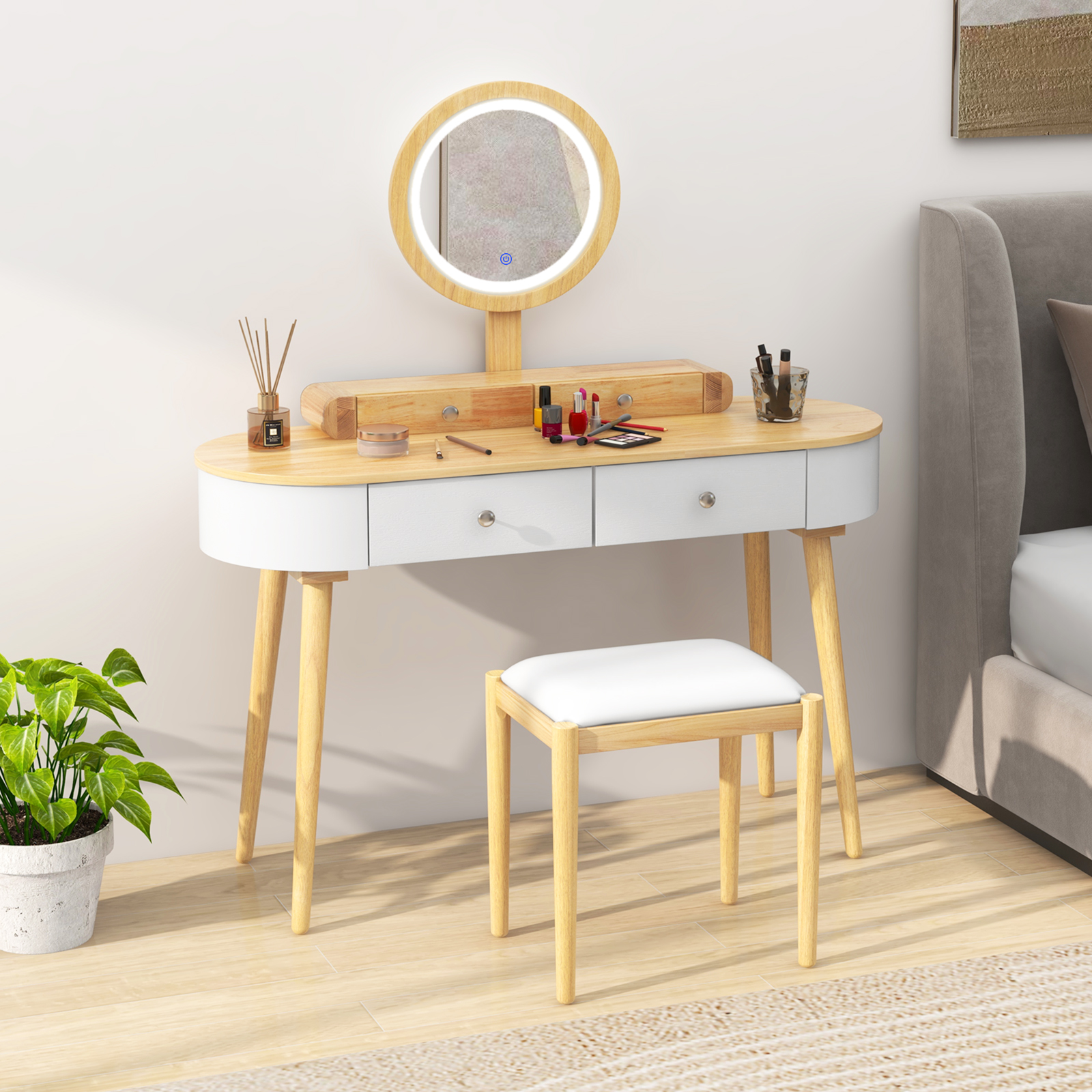 Solid Wood Makeup Vanity Desk Set w/LED Lighted Mirror, Drawers, Cushioned Stool - Picture 35 of 40