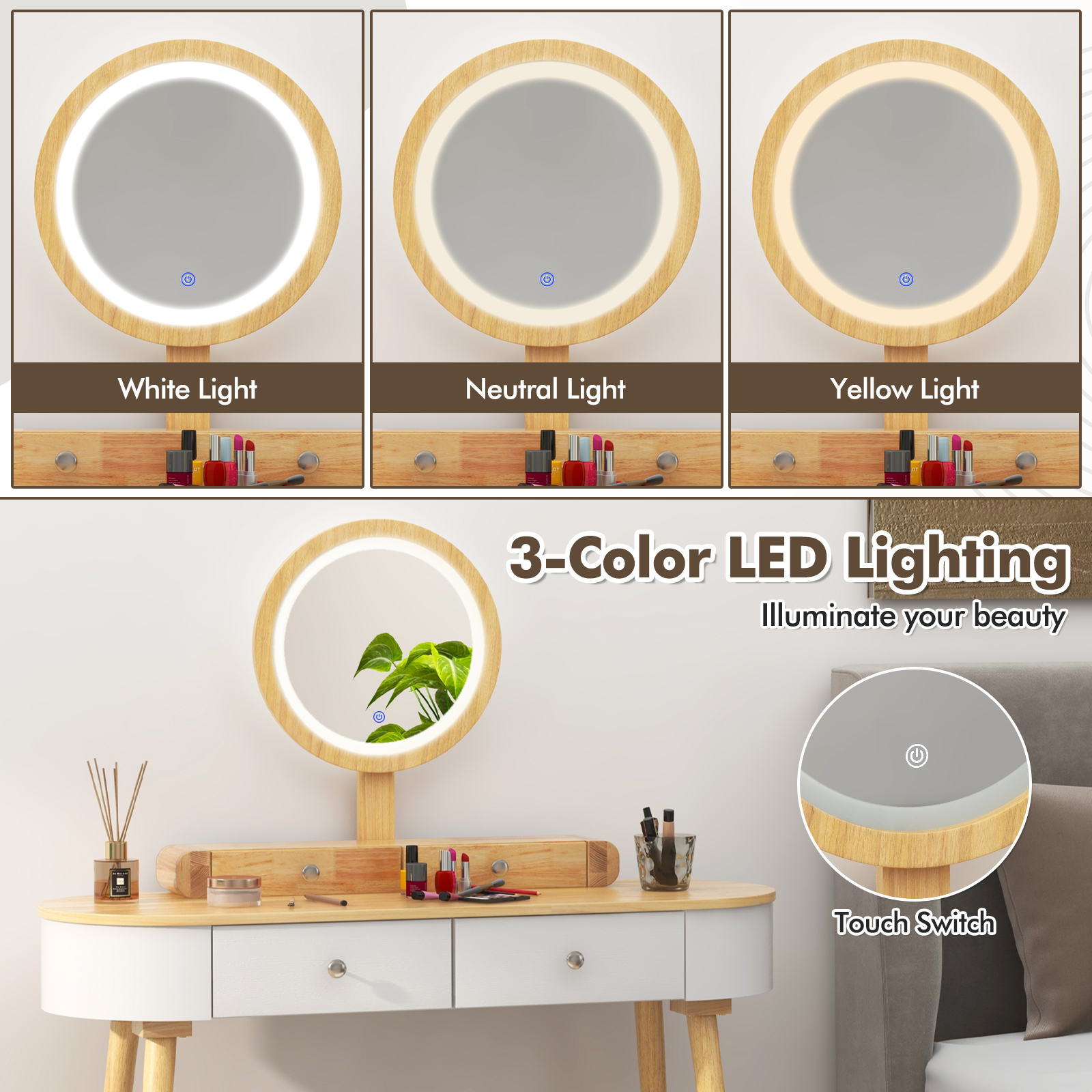 Solid Wood Makeup Vanity Desk Set w/LED Lighted Mirror, Drawers, Cushioned Stool - Picture 36 of 40