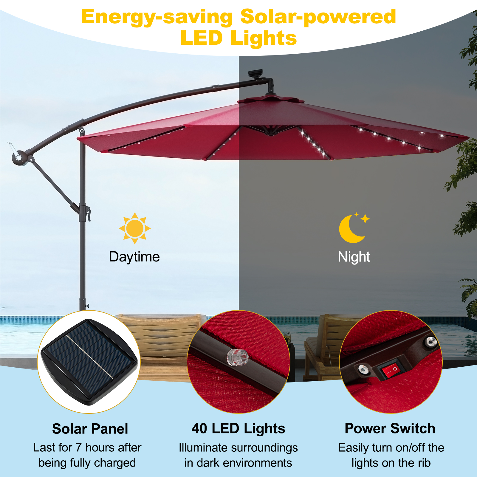 led lights suspended under patio umbrella WESTLAKE 10 Ft Solar Cantilever Offset w/ Included 4-Piece Base Weights, Gray yellow light beads These solar powered LED lights