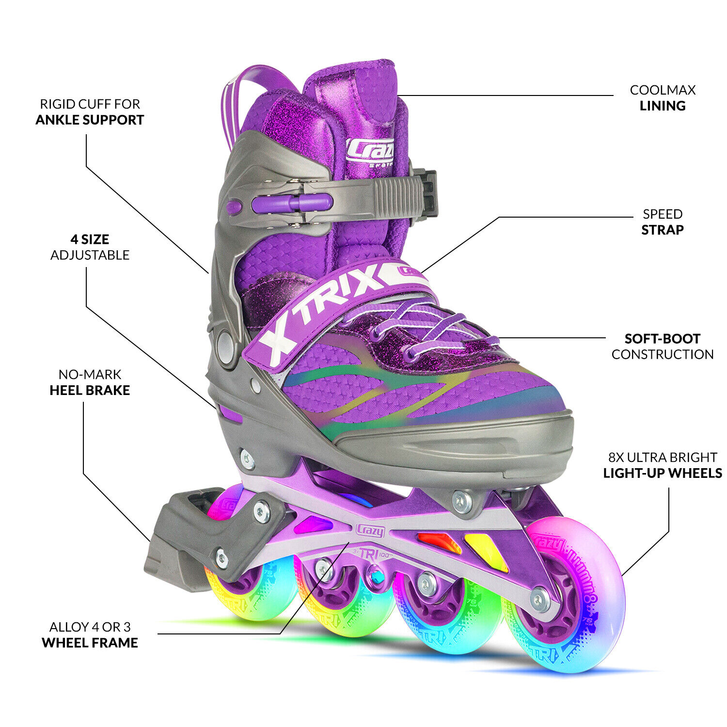 Crazy Skates TRIX Size Adjustable Roller Inline Blades with LED Light Up Wheels - Picture 16 of 16