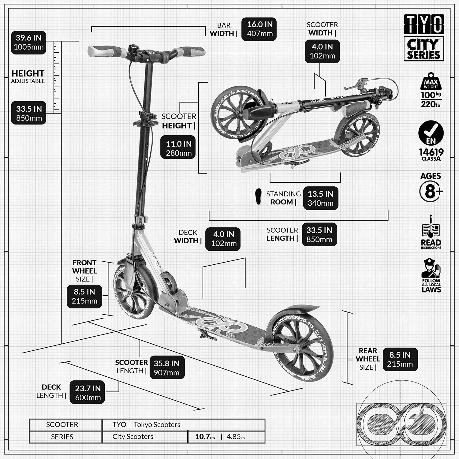 infinity TYO Tokyo City Scooter - Hand Brake BIG Wheel Adult Child Kick Push - Picture 15 of 31
